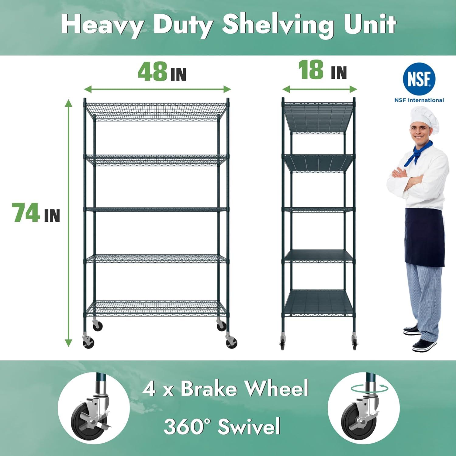 APLSS NSF 4-Tier Green-Epoxy Storage Shelves, 18"x48"x63", Moist&Dry Enviroments, Commercial Heavy Duty Steel Wire Shelving Unit with Wheels, Walk-in Cooler&Freezer Dishroom Kitchen