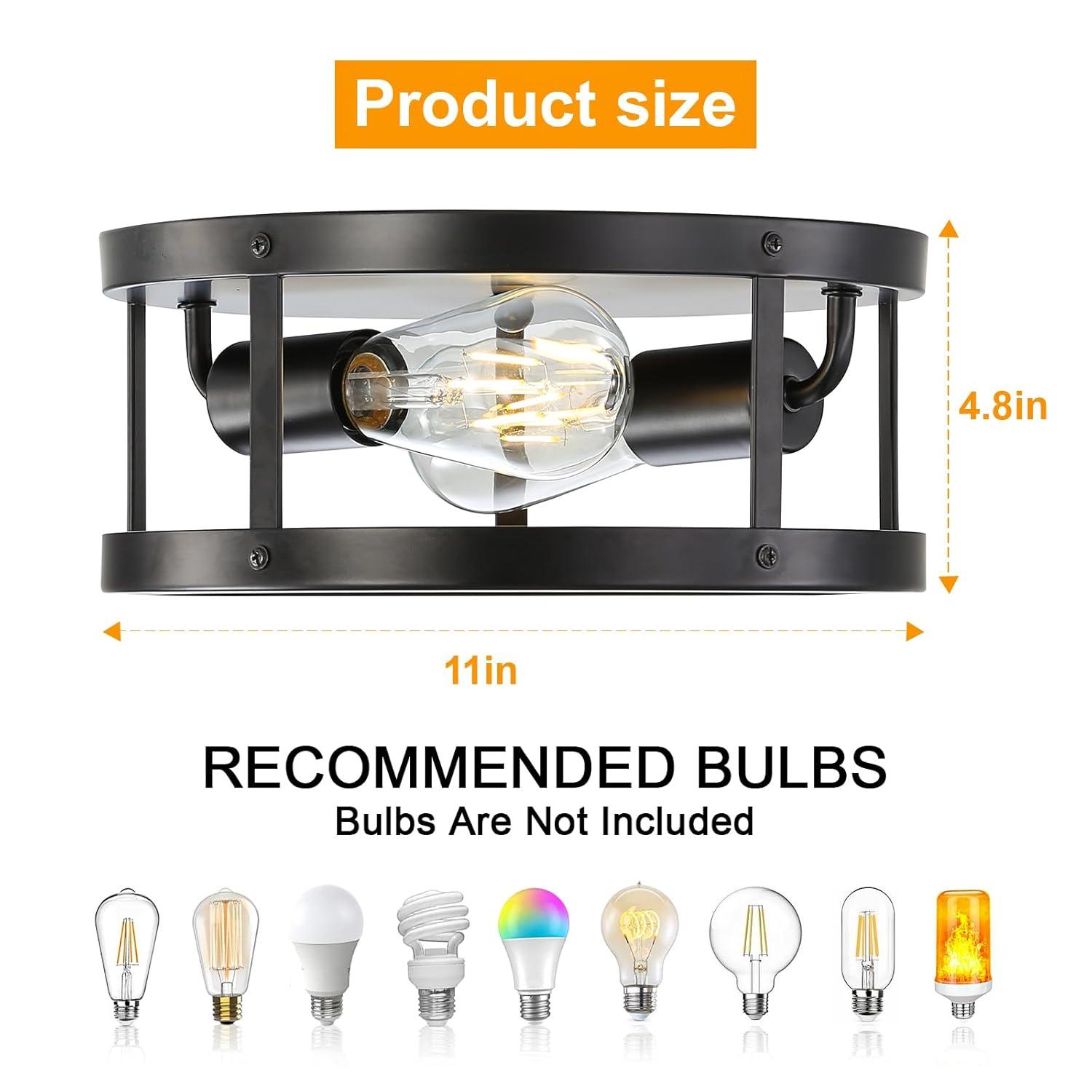 2-Light Industrial Flush Mount Ceiling Light Fixture,Black Farmhouse Ceiling Light Fixture,Modern Flush Mount Light Fixture for Kitchen Bedroom Living Room Hallway 2 Pack