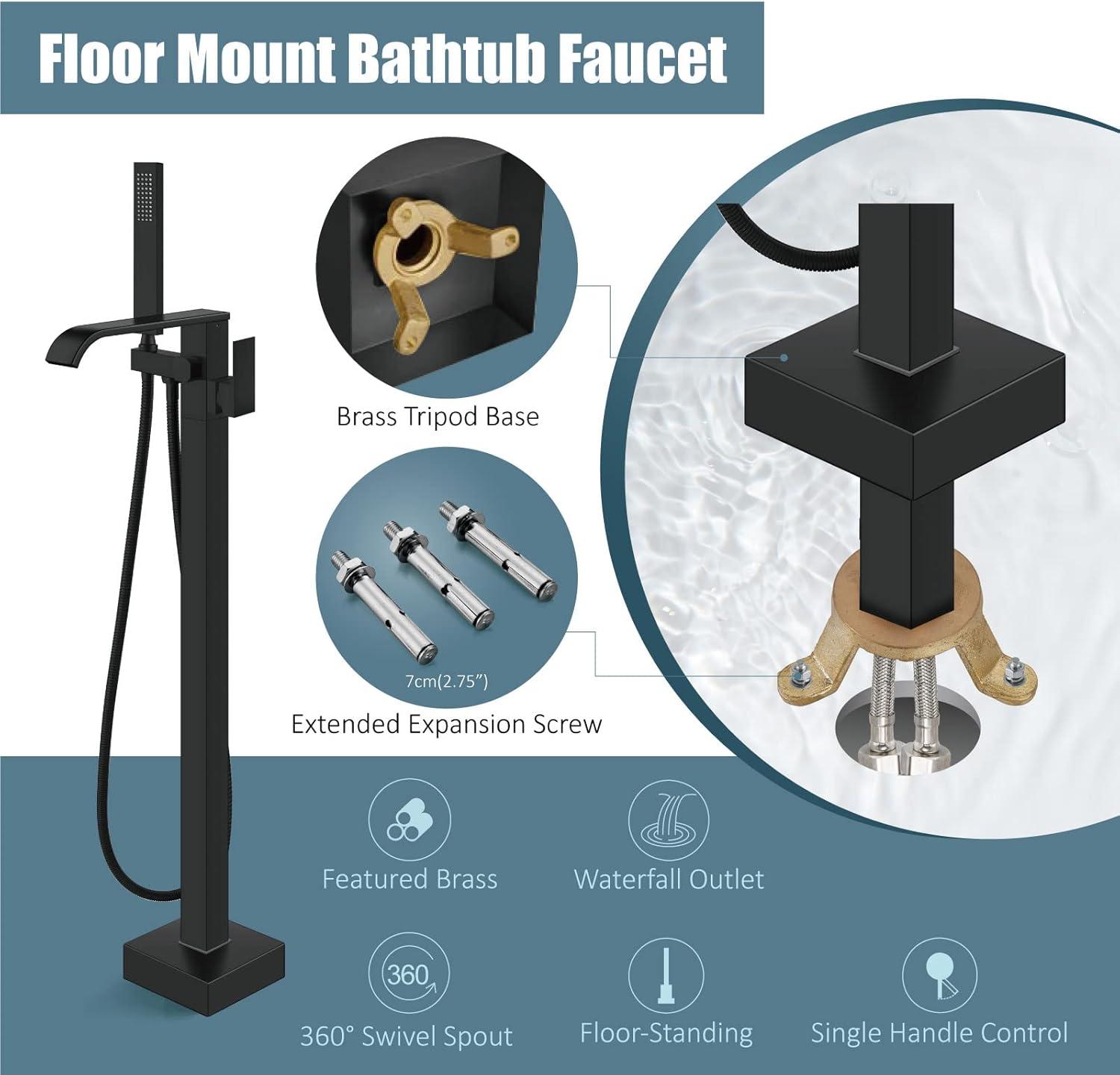 AlenArtWater Waterfall Tub Filler Freestanding Bathtub Faucet Floor Mount Brass Single Handle Bathroom Faucets with Hand Shower 93-LJQKCZ