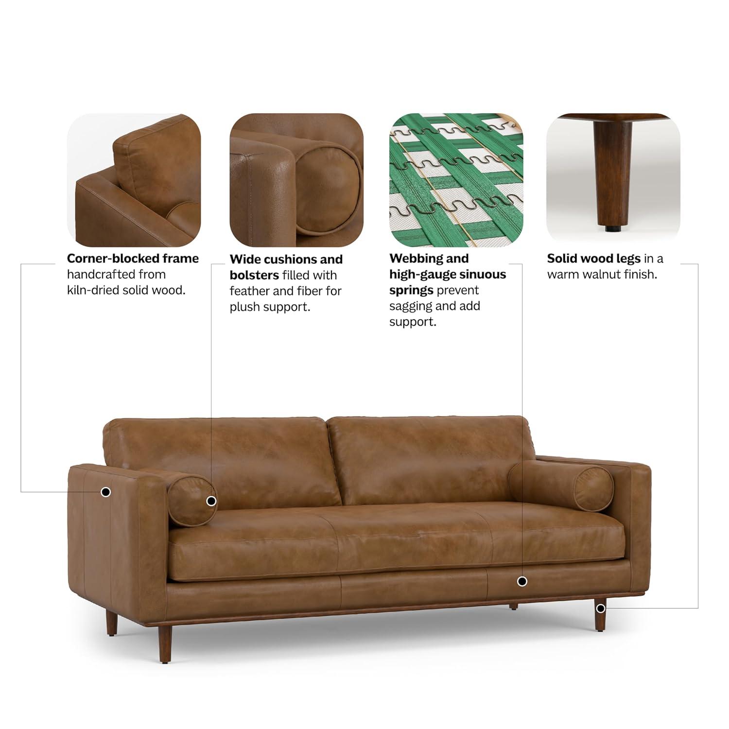 Simpli Home Morrison Genuine Leather Sofa, Mid-Century Modern Couch for Living Room, Handcrafted with Removable Cushions