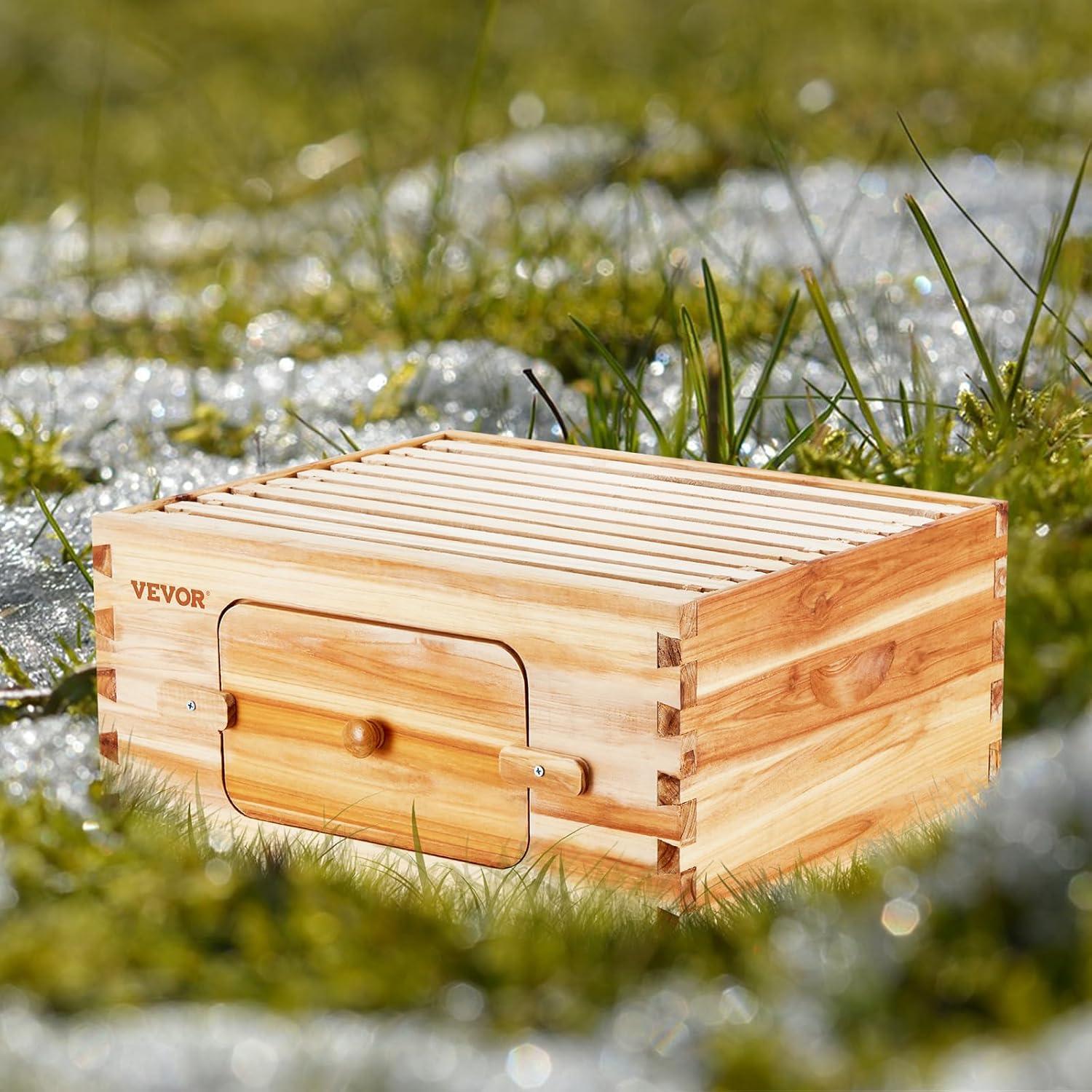 VEVOR Bee Hive Deep Box Starter Kit, 100% Beeswax Coated Natural Cedar Wood, Langstroth Beehive Kit with 10 Frames and Foundations, Transparent Acrylic Bee Windows for Beginners and Pro Beekeepers