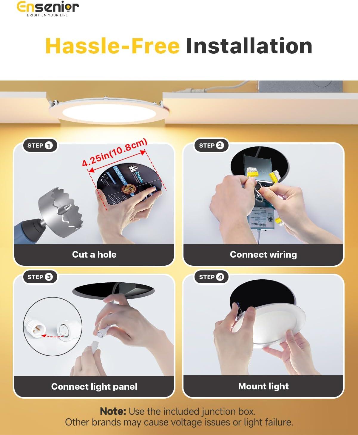 Ensenior 12 Pack 4 Inch Ultra-Thin LED Recessed Ceiling Light with Junction Box, 3000K/4000K/5000K Selectable, 9W 75W Eqv, Dimmable, 750LM High Brightness - ETL and Energy Star Certified 4 Inch 5000k/4000k/3000k - 3cct White