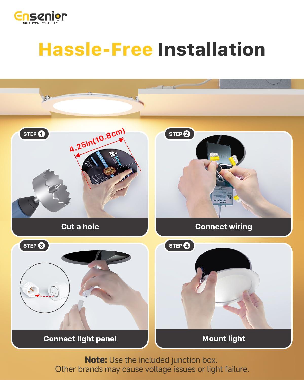 Ensenior 12 Pack 4 Inch Ultra-Thin LED Recessed Ceiling Light with Junction Box, 3000K/4000K/5000K Selectable, 9W 75W Eqv, Dimmable, 750LM High Brightness - ETL and Energy Star Certified 4 Inch 5000k/4000k/3000k - 3cct White