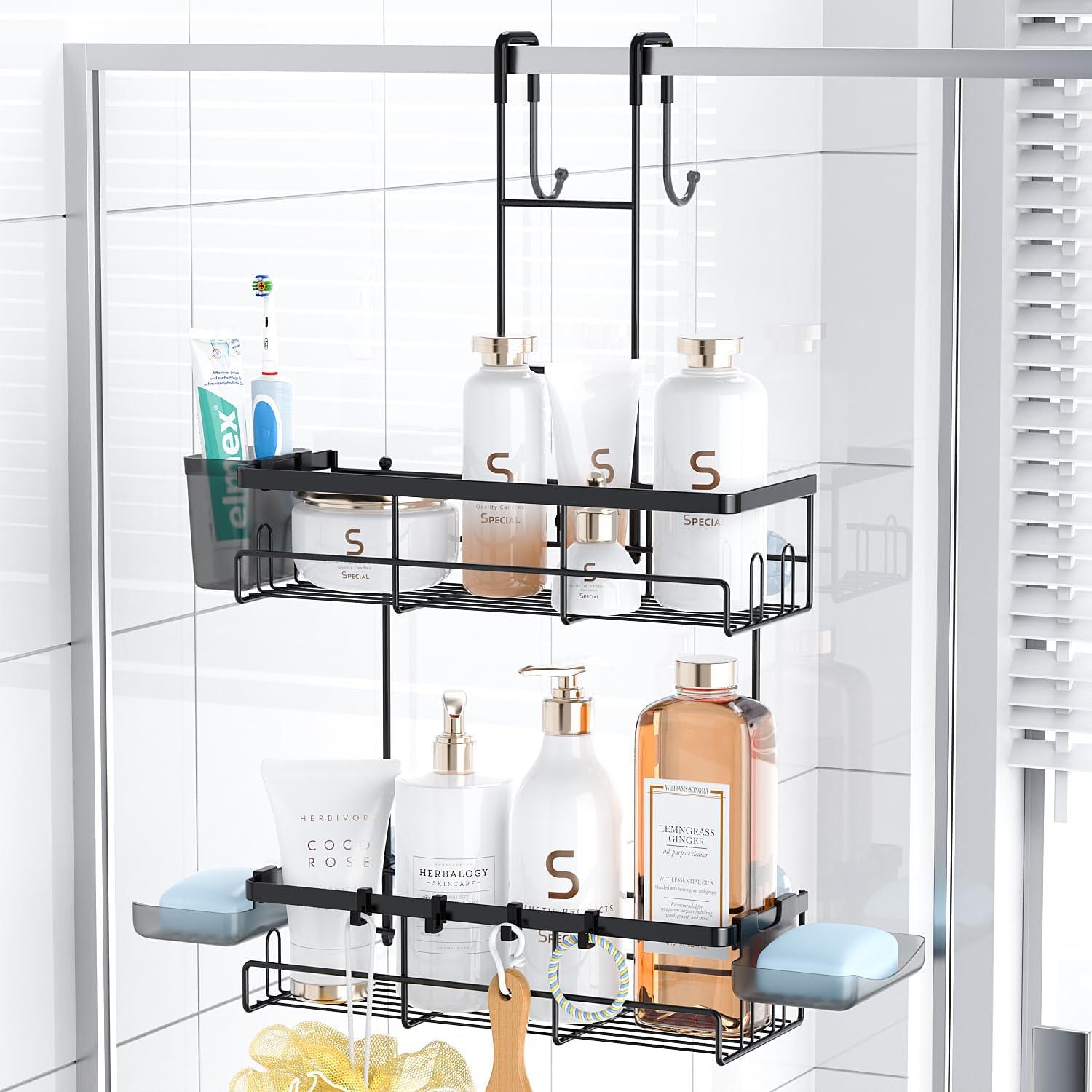 Black Stainless Steel Over the Door Shower Caddy with 6 Compartments