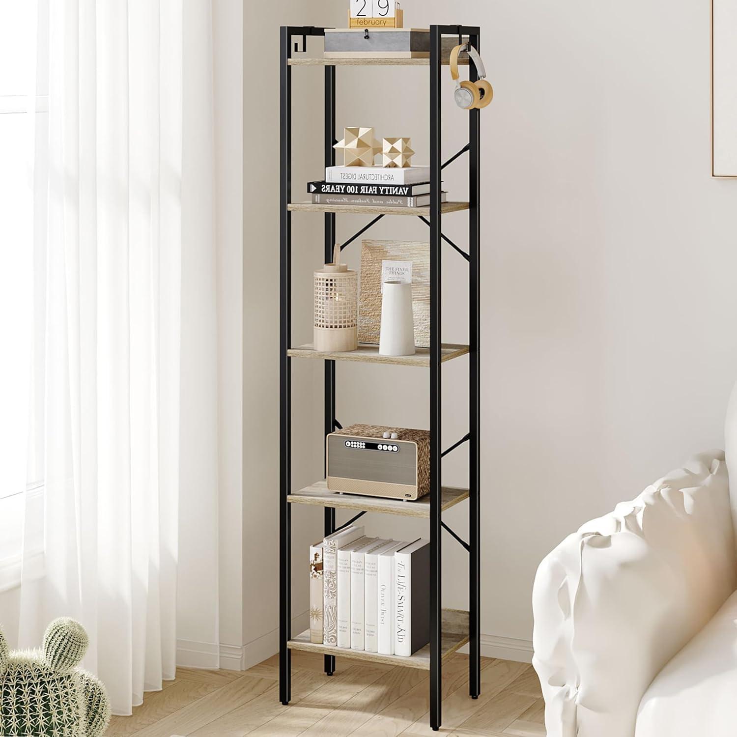 Greige and Black 5-Tier Adjustable Steel Bookshelf