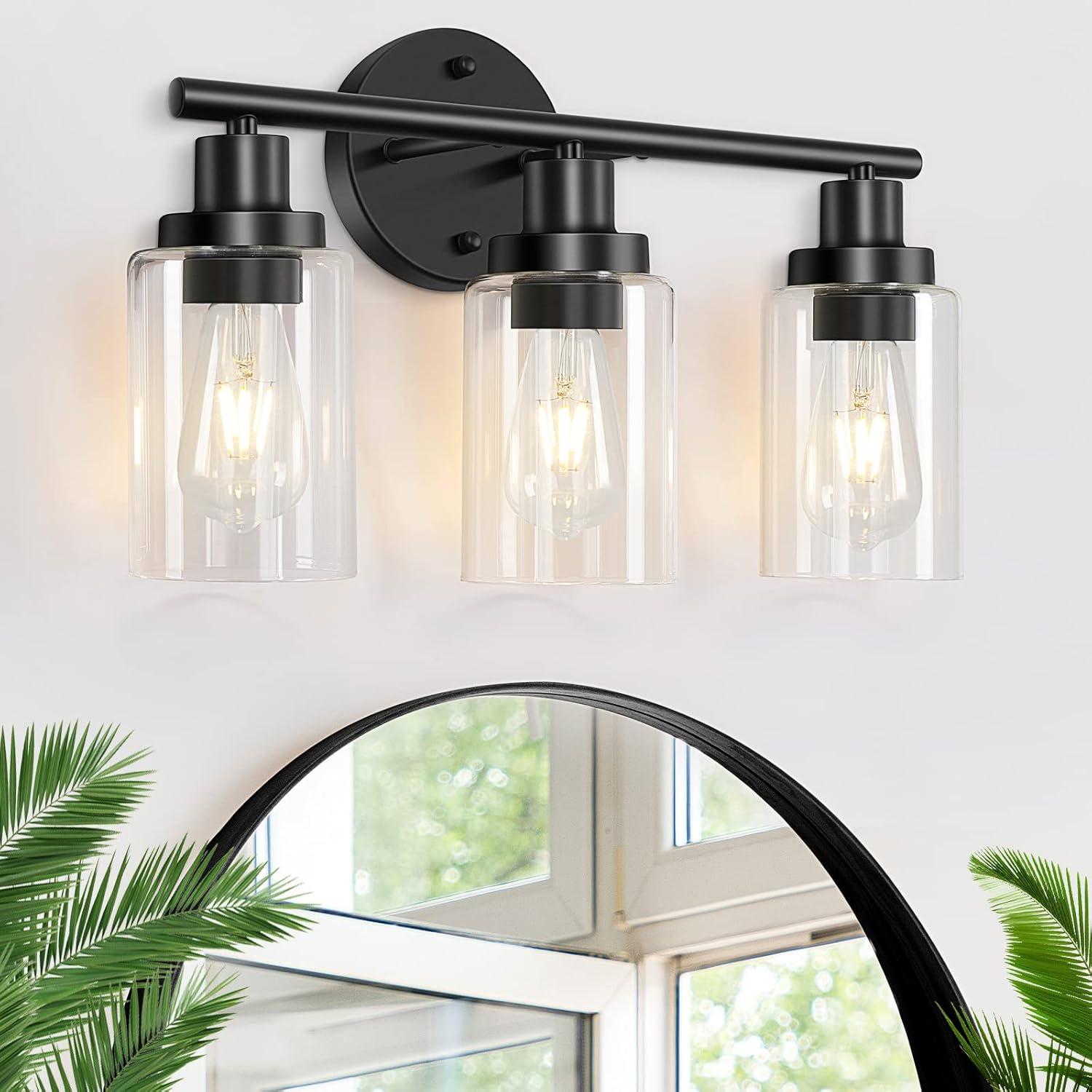 3-Light Bathroom Light Fixtures Bathroom Vanity Lights with Clear Glass Shades Matte Black Bathroom Light Fixtures over mirror for Mirror Living Room Cabinet Bedroom Porch