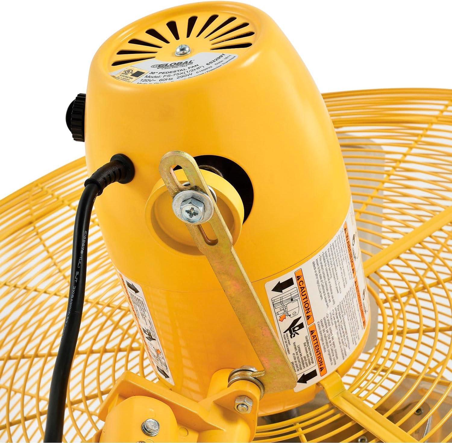 Global Industries Ventilador de Pedestal Oscilante de Lujo - Amarillo de Seguridad - 30 Pulgadas de Diámetro. - 0,5 Hp - 10000 Cfm