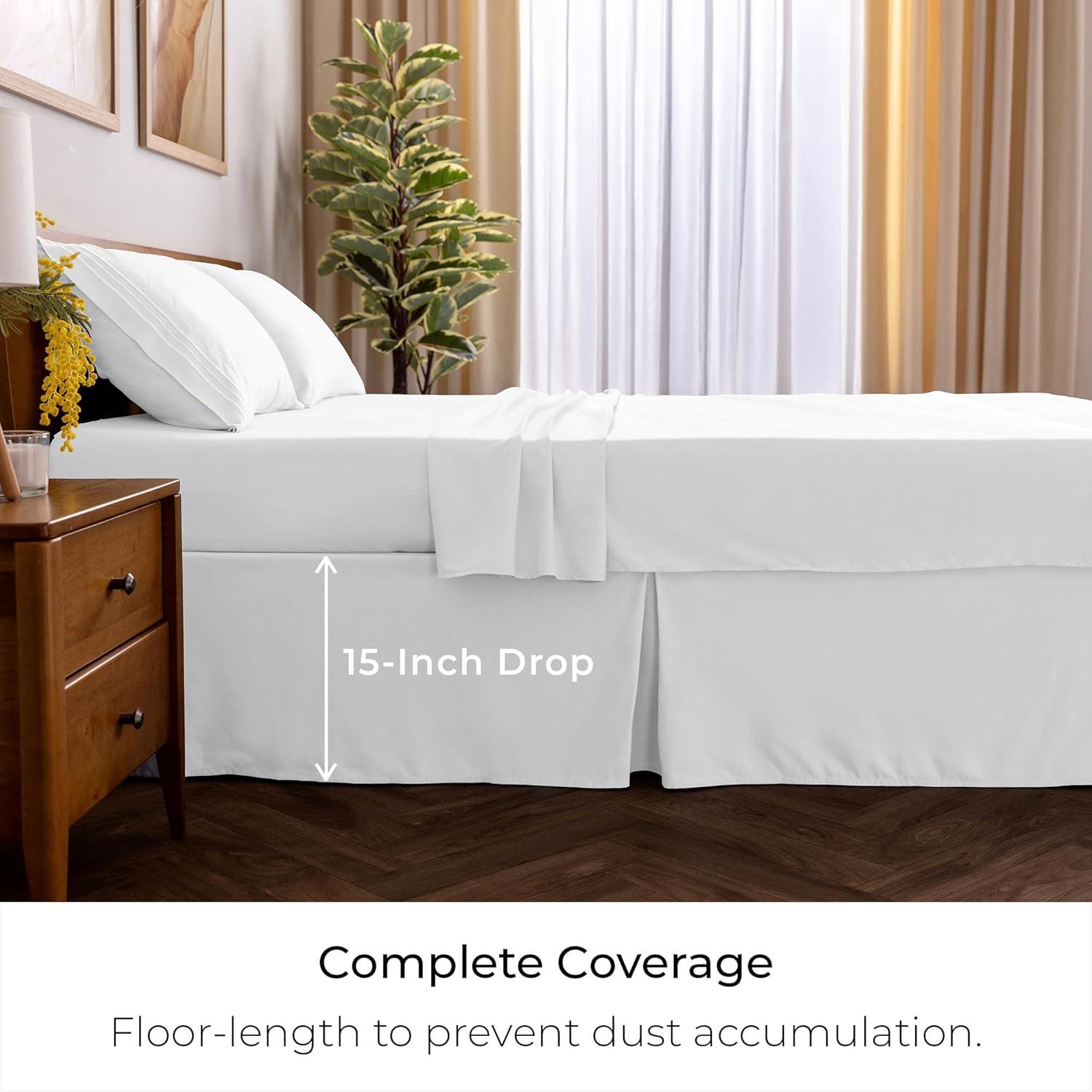 Mellanni Iconic Collection Pleated Microfiber Bed Skirt 15" Drop, Queen, White