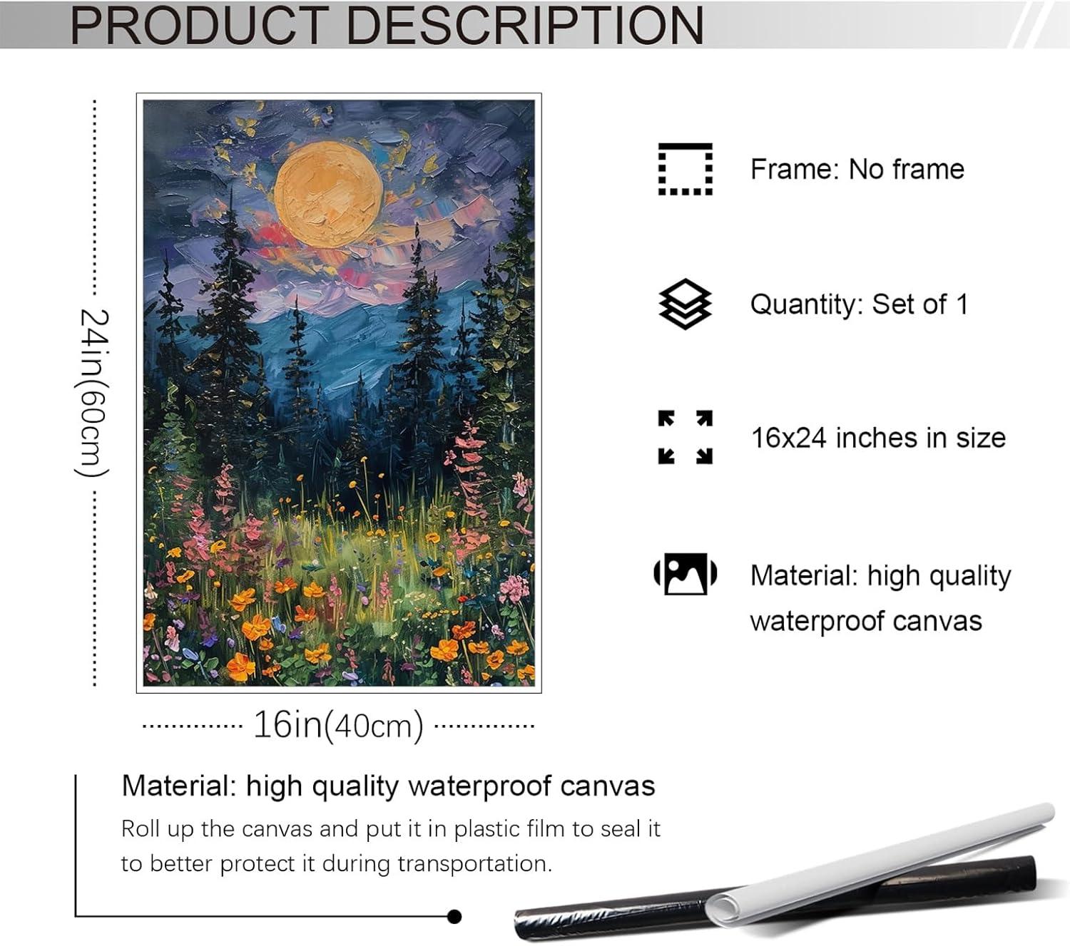 SYDposter Vintage Full Moon Above The Wildflowers Canvas Wall Art, Mystical Midnight Woodland Art Print Poster, Retro Flowers and Trees Nature Oil Painting, Dark Forest Landscape 12x16in Unframed