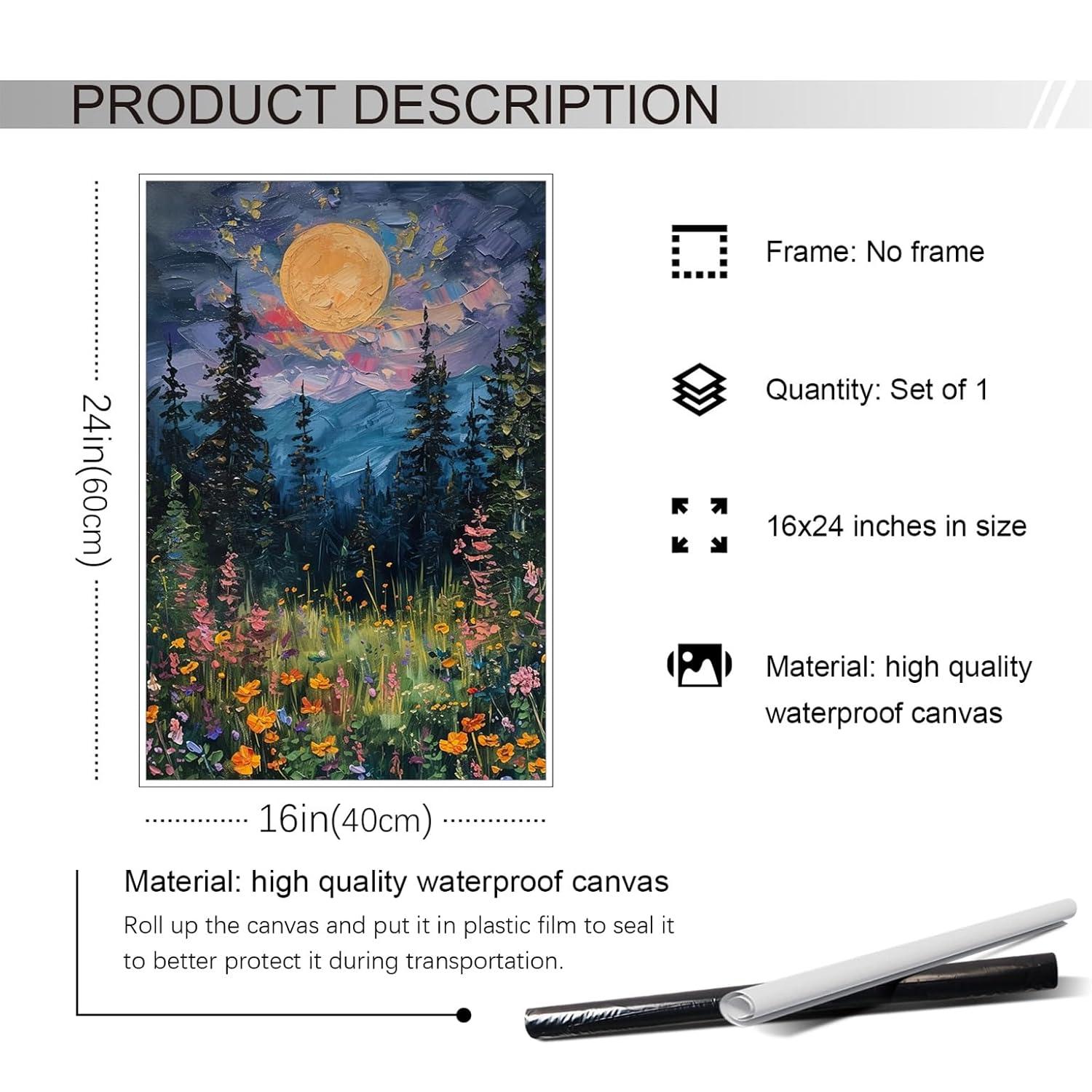 SYDposter Vintage Full Moon Above The Wildflowers Canvas Wall Art, Mystical Midnight Woodland Art Print Poster, Retro Flowers and Trees Nature Oil Painting, Dark Forest Landscape 12x16in Unframed