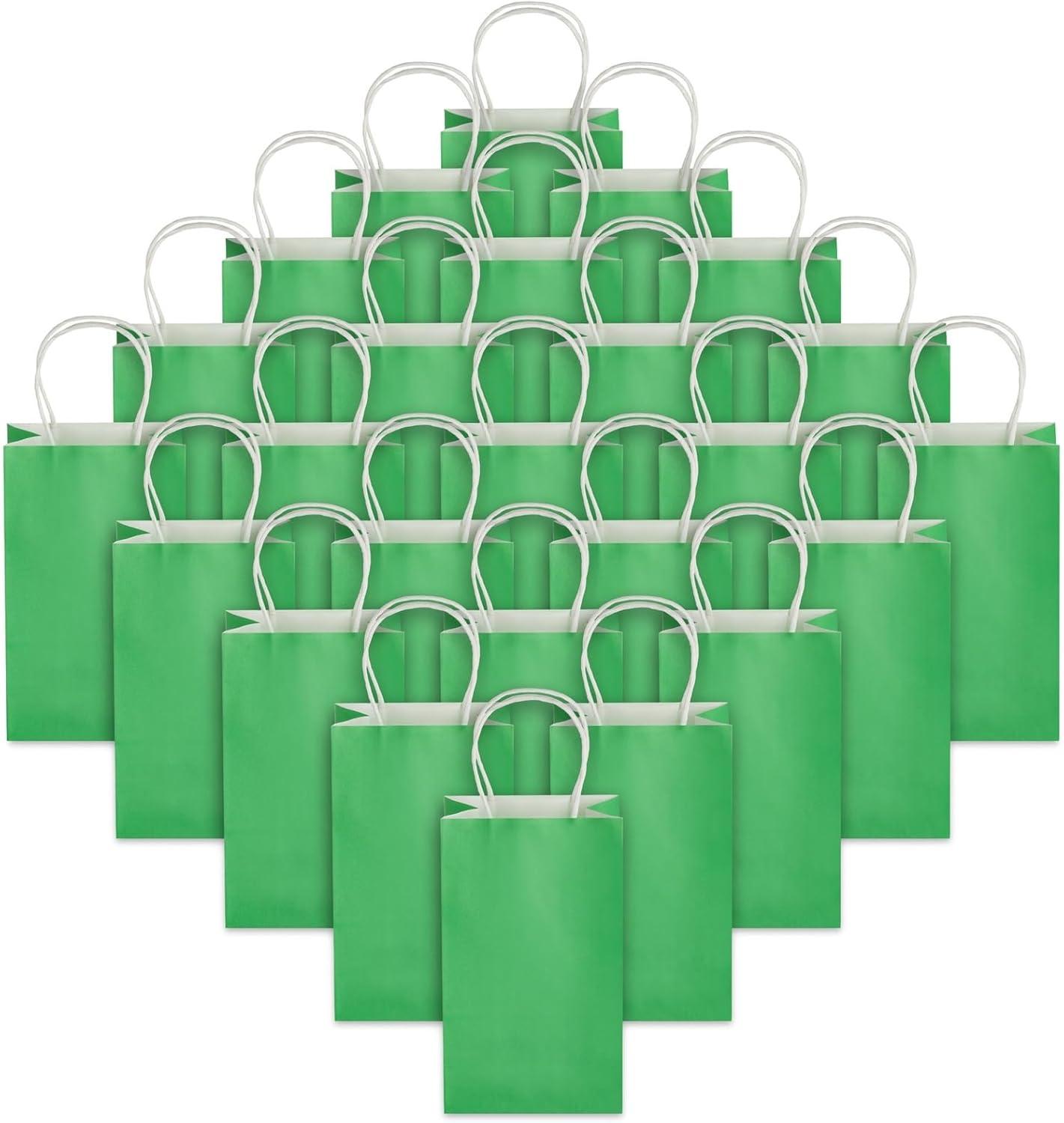 Blue Panda 25-Pack Green Gift Bags with Handles - Small Paper Treat Bags for Birthday, Wedding, Retail (5.3x3.2x9 In)