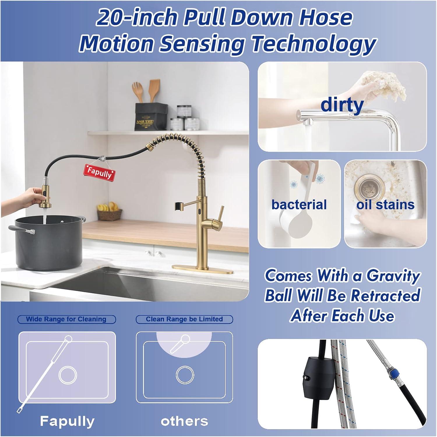 Fapully Touchless Kitchen Faucet with Pull Down Sprayer, Brushed Gold Motion Sensor Smart Commercial Single Handle Single Hole Faucet for Kitchen Sink