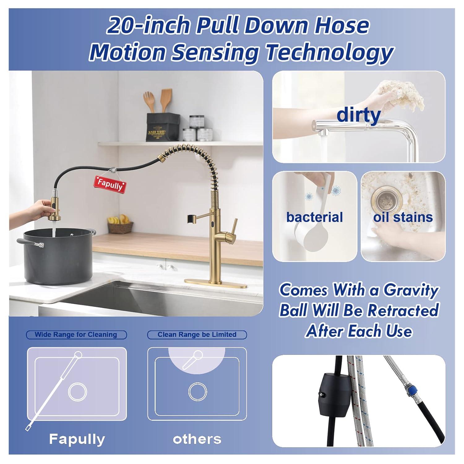 Fapully Touchless Kitchen Faucet with Pull Down Sprayer, Brushed Gold Motion Sensor Smart Commercial Single Handle Single Hole Faucet for Kitchen Sink