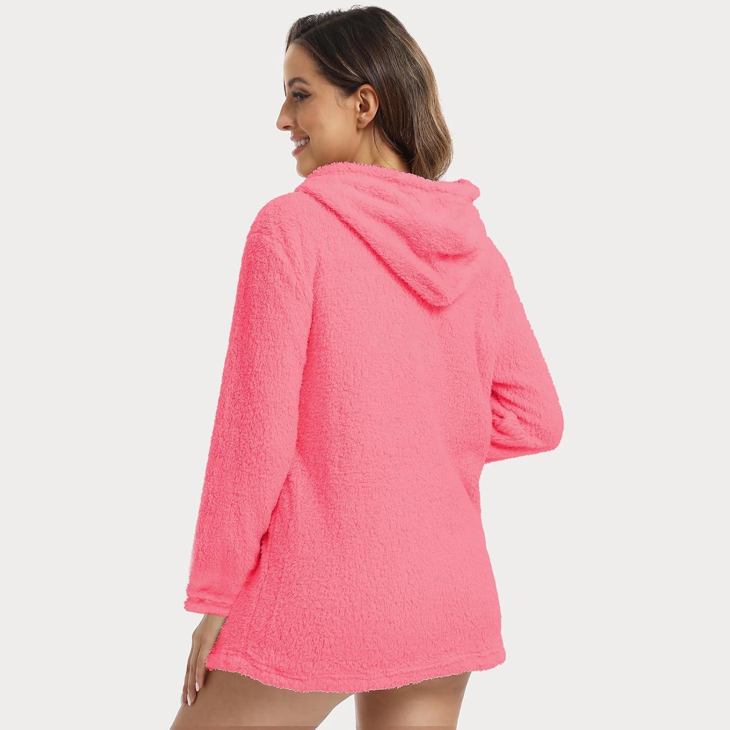 cheibear Women's Fuzzy Fleece Soft Coat Jacket and Crop Top with Shorts 3-Piece Pajamas Lounge Set Pink Small