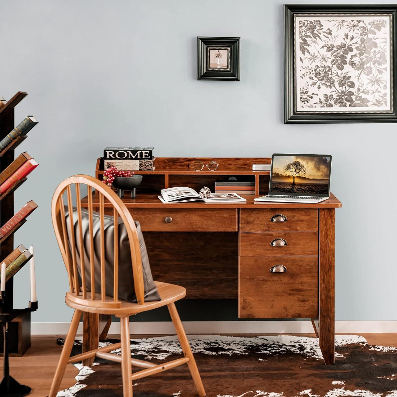 GVN Vintage Computer Desk with Storage Shelves and 4 Drawers-Rustic Brown, Desk for Bedroom, Gaming Computer Desks for Study,Working,Writing