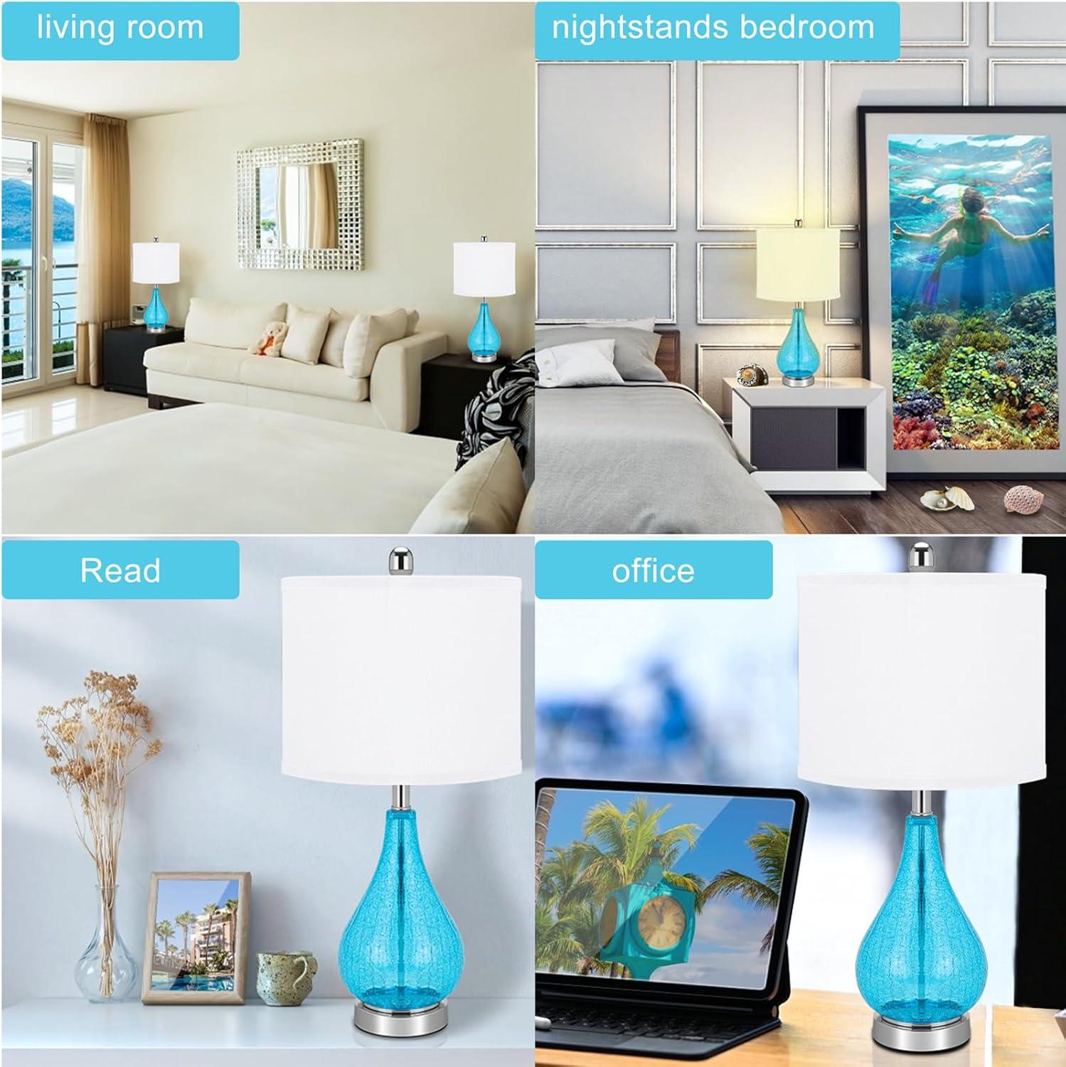 Glass Table Lamps Set of 2, Modern 23.5” Blue Cracked Glass Bedside Lamps, for Bedroom Living Room Home Office Desk Nightstand Table Lamp