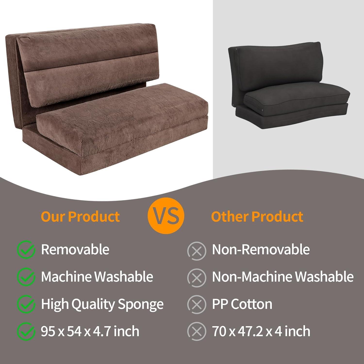 Bean Bag Bed for Adults, 54x95 Inch Floor Sofa Bed with Washable Soft Faux Fur Cover, Fluffy Soft Foldable Couch for Living Room, Bedroom, Guest Room (Brown)