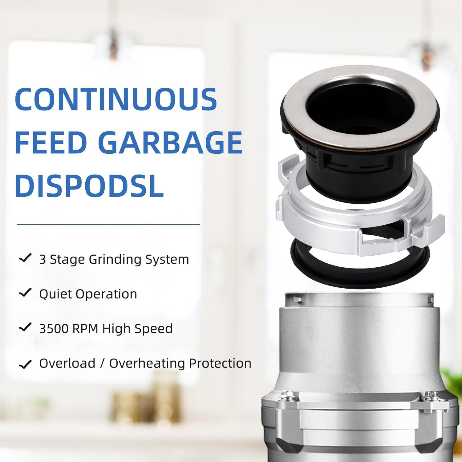 Garbage Disposal 1/2 Hp, Continuous Feed Insulation Food Waste Disposal, 3 Stage Grinding, Silver