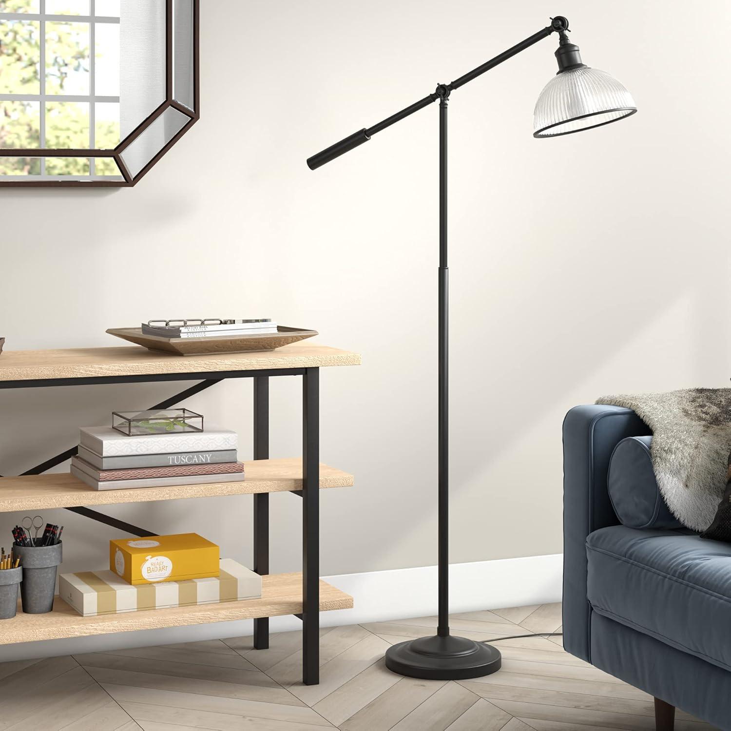 Frenkel Modern Farmhouse 58" Black Metal Floor Lamp with Ribbed Glass Shade