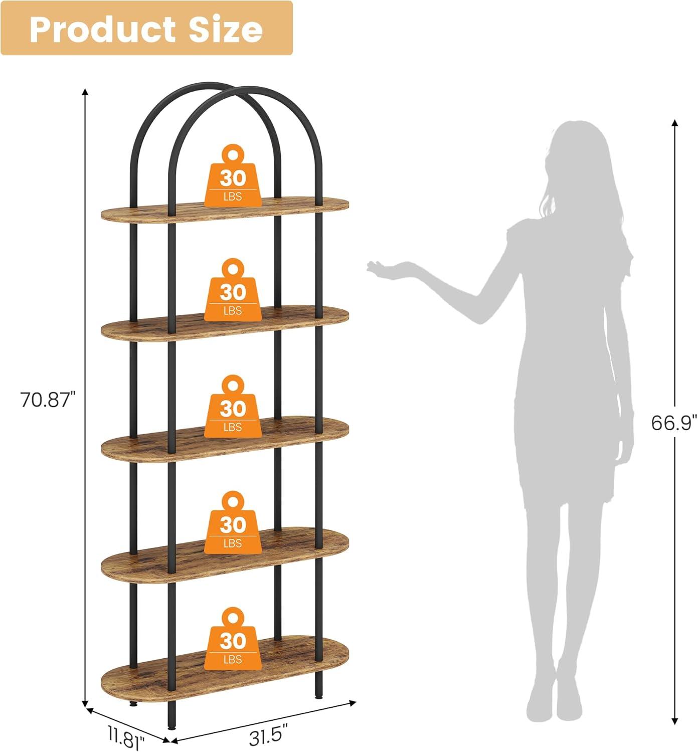 Black and Retro Five-Tier Arched Metal and Wood Bookshelf