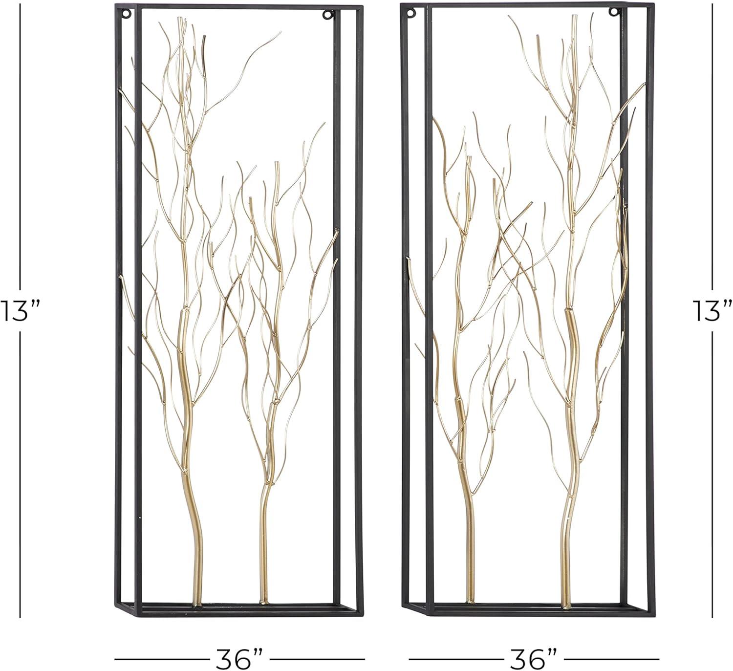 DecMode Gold Metal Branch Tree Wall Decor with Black Frame (2 Count)