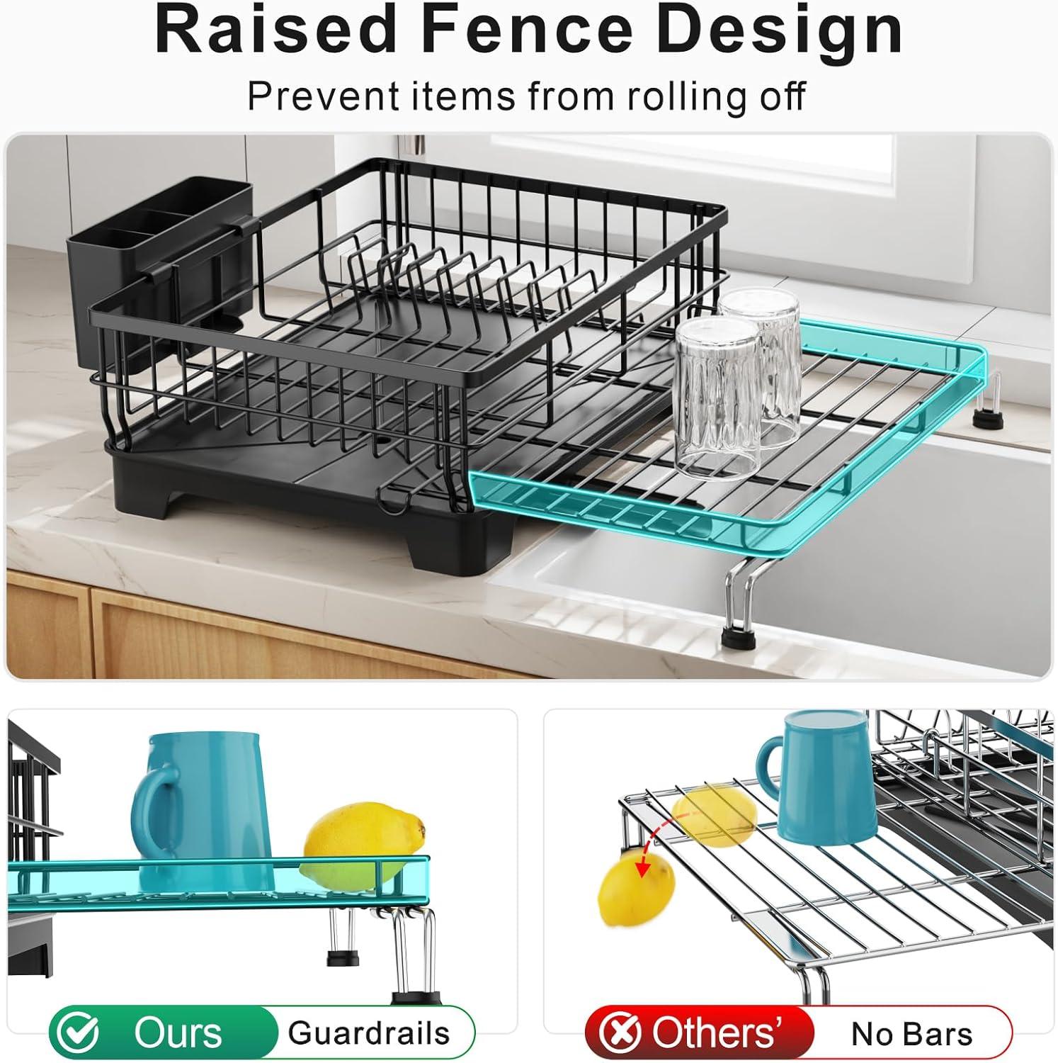 Dish Drying Rack - Expandable Dish Rack for Kitchen Counter, Stainless Steel Dish Drainer with Drainboard Set and Utensil Holder, Sink Drying Dish Strainer Rack (Black)