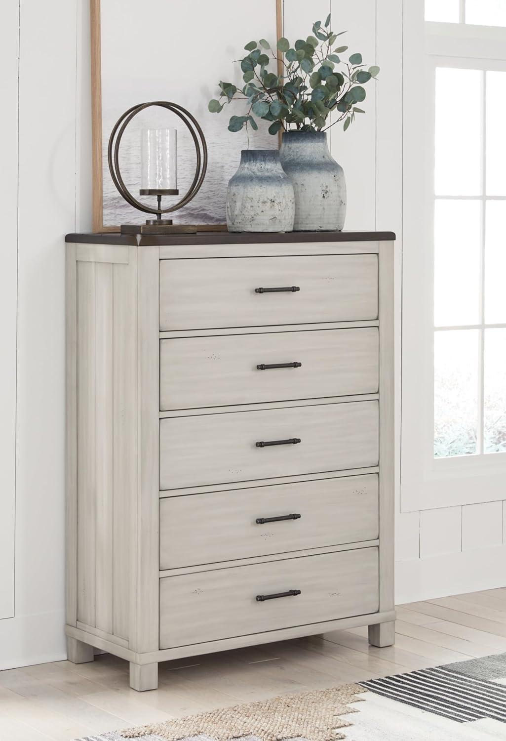 Farmhouse Brown and White 5-Drawer Chest with Felt Lined Drawer