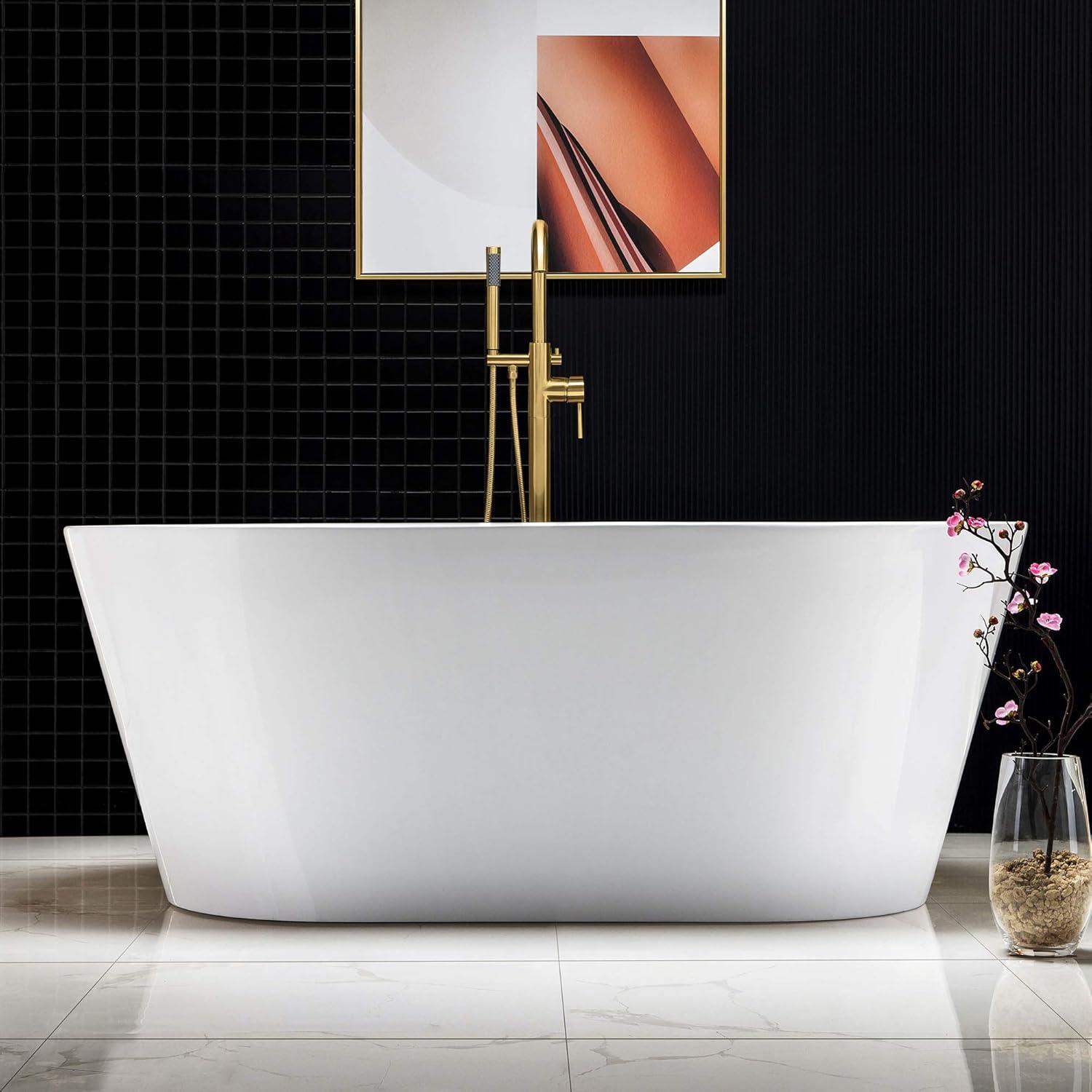 WOODBRIDGE 59" Acrylic Freestanding Bathtub Contemporary Soaking White Tub with Brushed Gold Overflow and Drain,B0014-BG