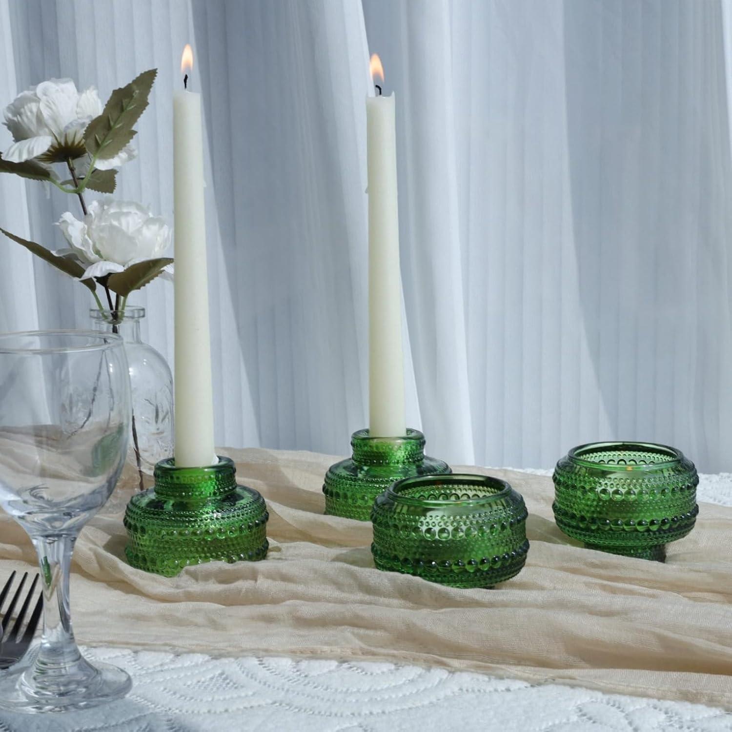 Green Ribbed Glass Reversible Candlestick Holders, Set of 4