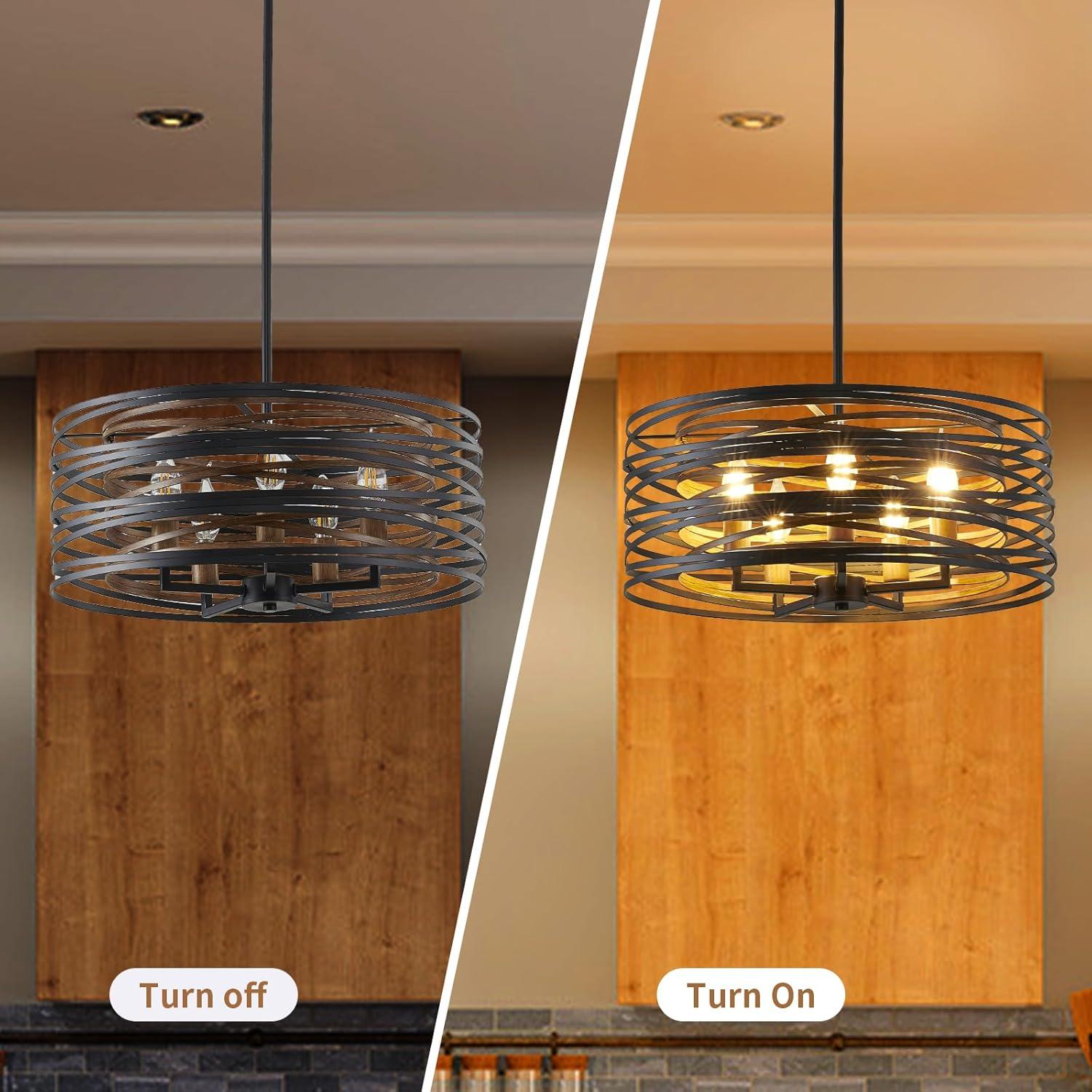 Dining Room Lighting Fixture, 5-Light Farmhouse Black Chandelier Drum Light, Round Metal with Retro Wood Texture Interior, E12 Bulbs Not Included