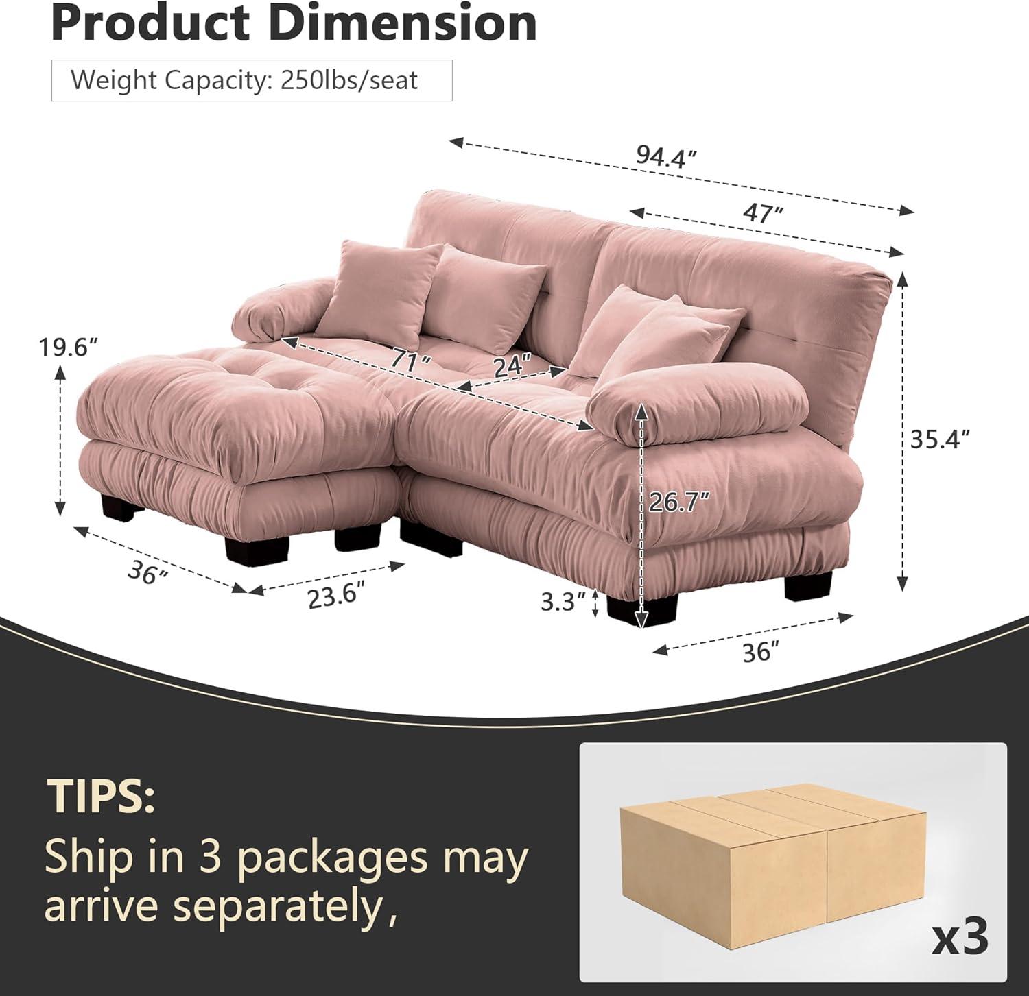FFH Loveseat with Ottoman, 94.4" Oversized Cloud Sofa, L-Shaped Sectional Couch for Living Room (Chenille Pink, 2 Seater with 1 Ottoman)