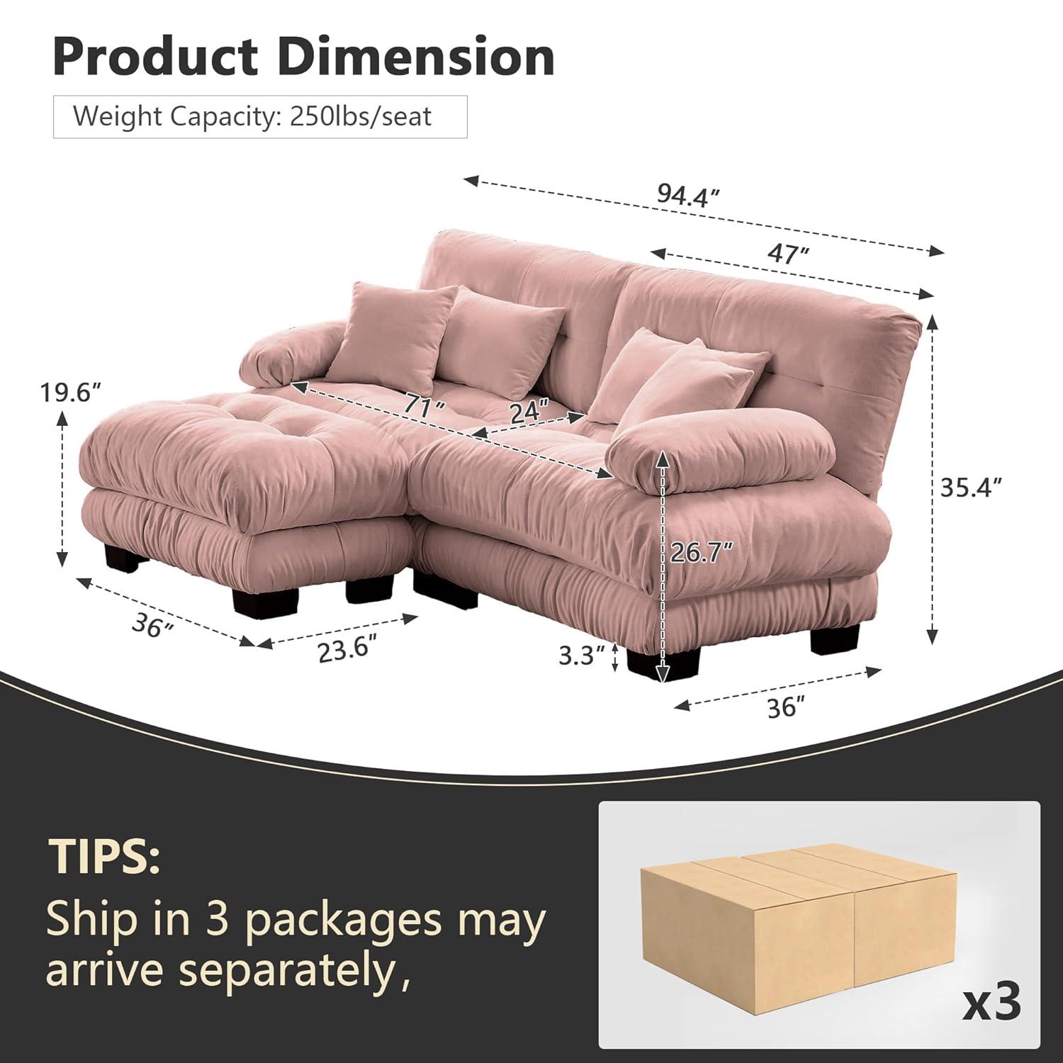 FFH Loveseat with Ottoman, 94.4" Oversized Cloud Sofa, L-Shaped Sectional Couch for Living Room (Chenille Pink, 2 Seater with 1 Ottoman)