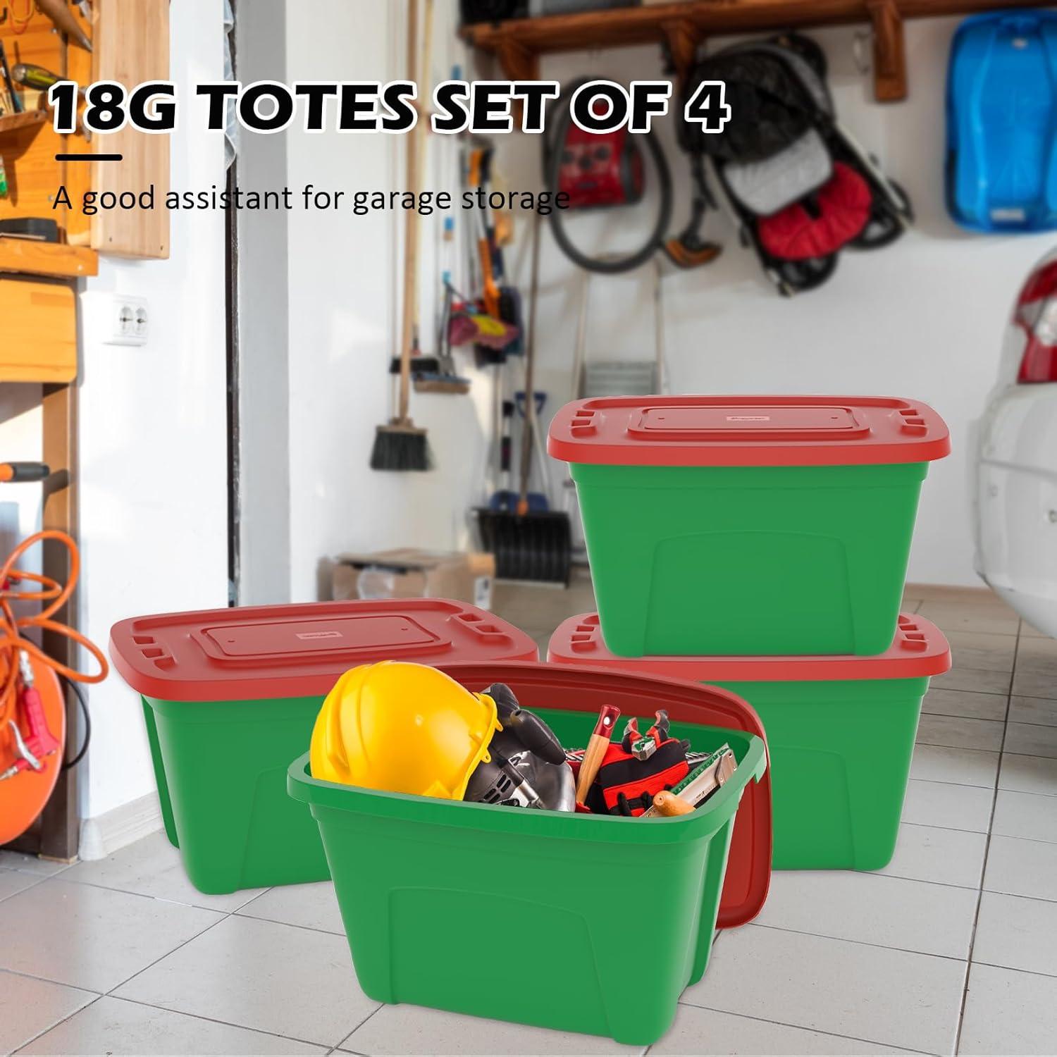Green and Red 18-Gallon Stackable Plastic Christmas Storage Boxes with Lids (Set of 4)