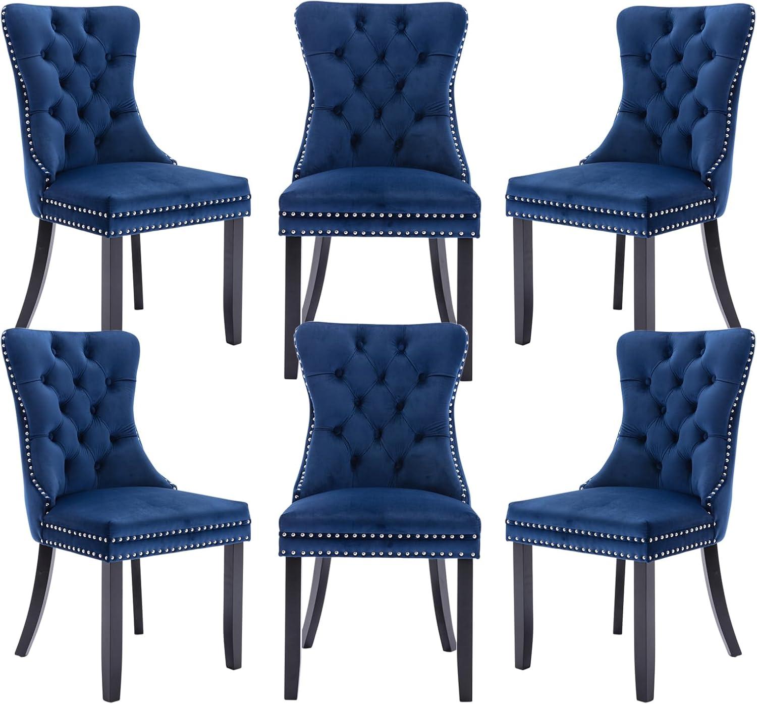 ODUSE-DAILY Velvet Dining Chairs Set of 6, Navy Kitchen & Dining Room Chairs, Tufted Dining Chairs, Fabric Upholstered, Solid Wood, Sillas De Comedor (Blue, 6 Pcs)