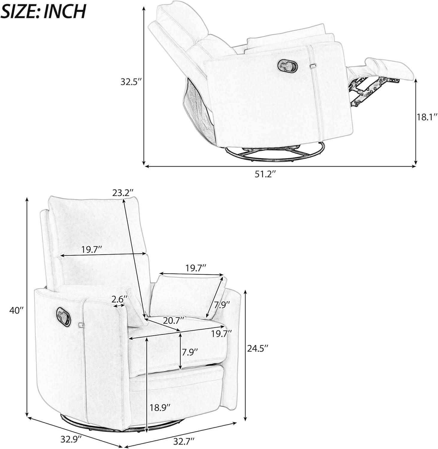 Swivel Rocker Glider Nursery, Manual Recliner Chair Single Sofa Chair for Adults, Linen Fabric Rocker Chair with Removable Pillows for Living Room, Bedroom, Dark Grey