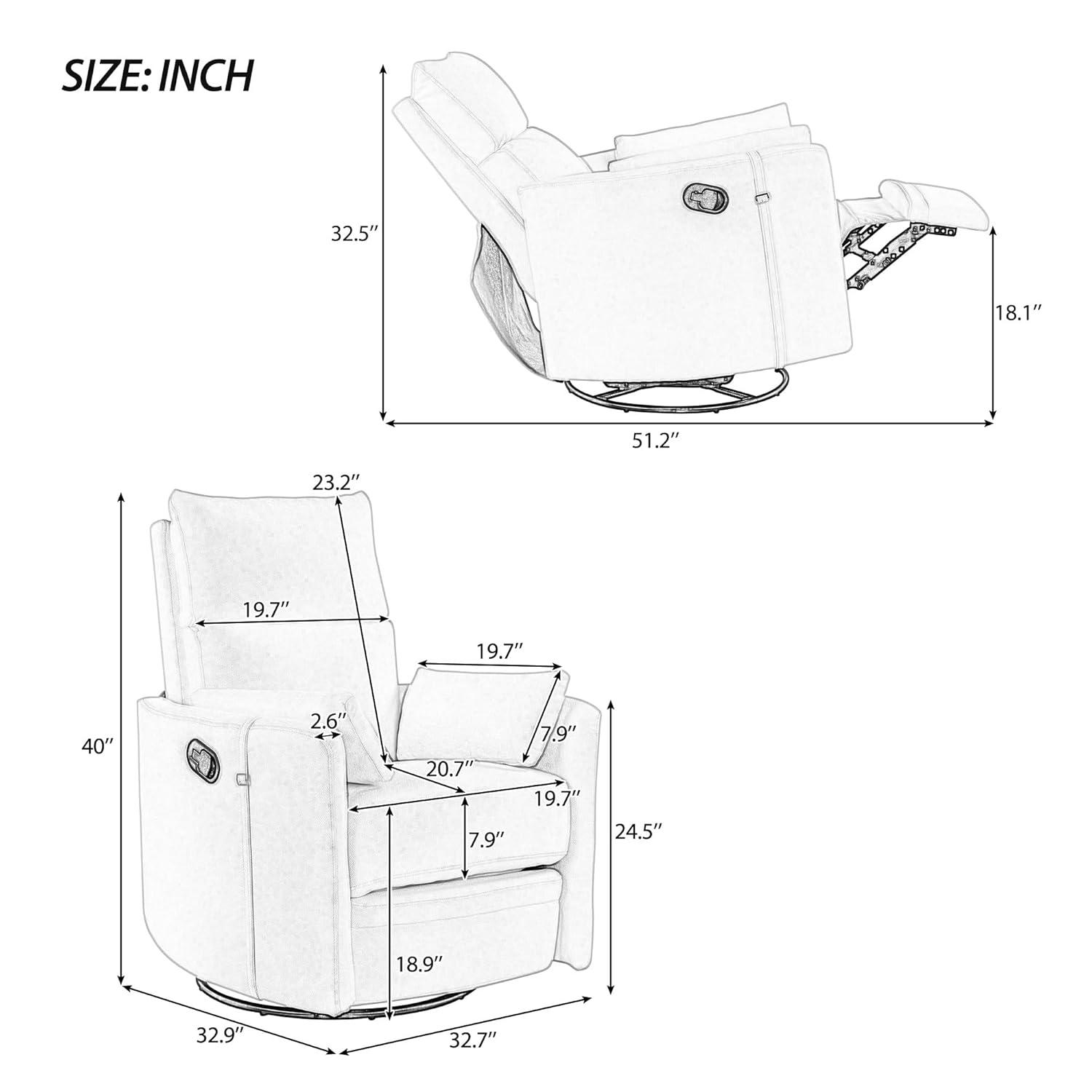 Swivel Rocker Glider Nursery, Manual Recliner Chair Single Sofa Chair for Adults, Linen Fabric Rocker Chair with Removable Pillows for Living Room, Bedroom, Dark Grey