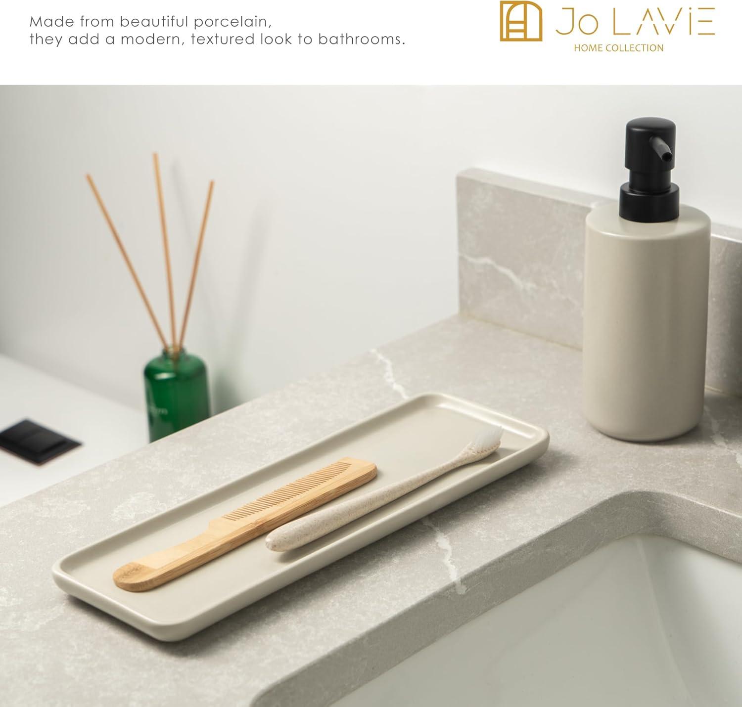 Jo Lavie - Beige Ceramic Vanity Tray for Bathroom, Bathroom Tray for Counter, Small Rectangle Ceramic Tray, Ceramic Tray for Kitchen Counter,Home Decor Bathroom Organizer, Saop Dispenser Tray C45