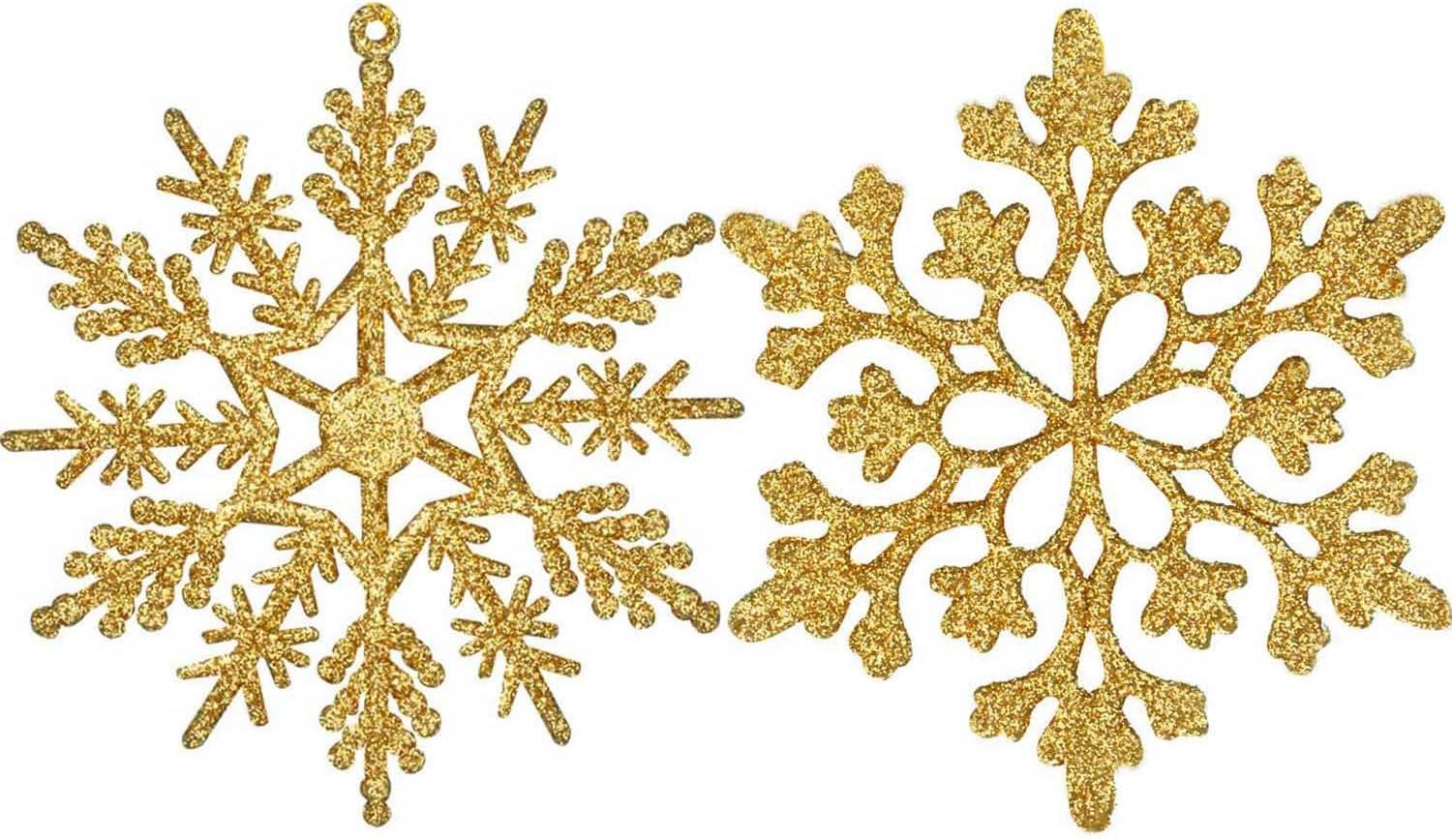 Gold Glitter Plastic Snowflake Ornaments Set, 4 Inch, 36 Count