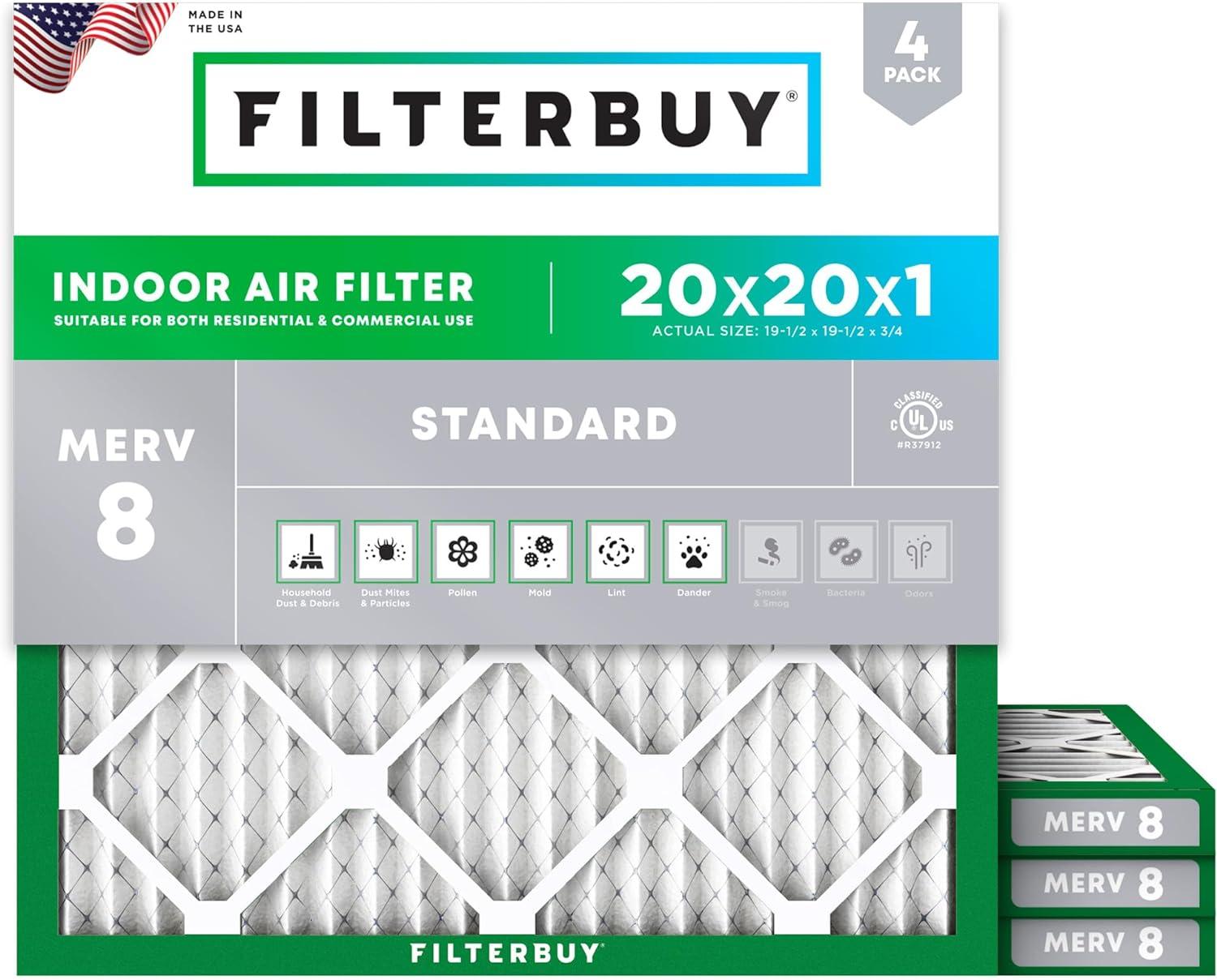 Filterbuy 20x20x1 MERV 8 Pleated HVAC Furnace Air Filters 4-Pack