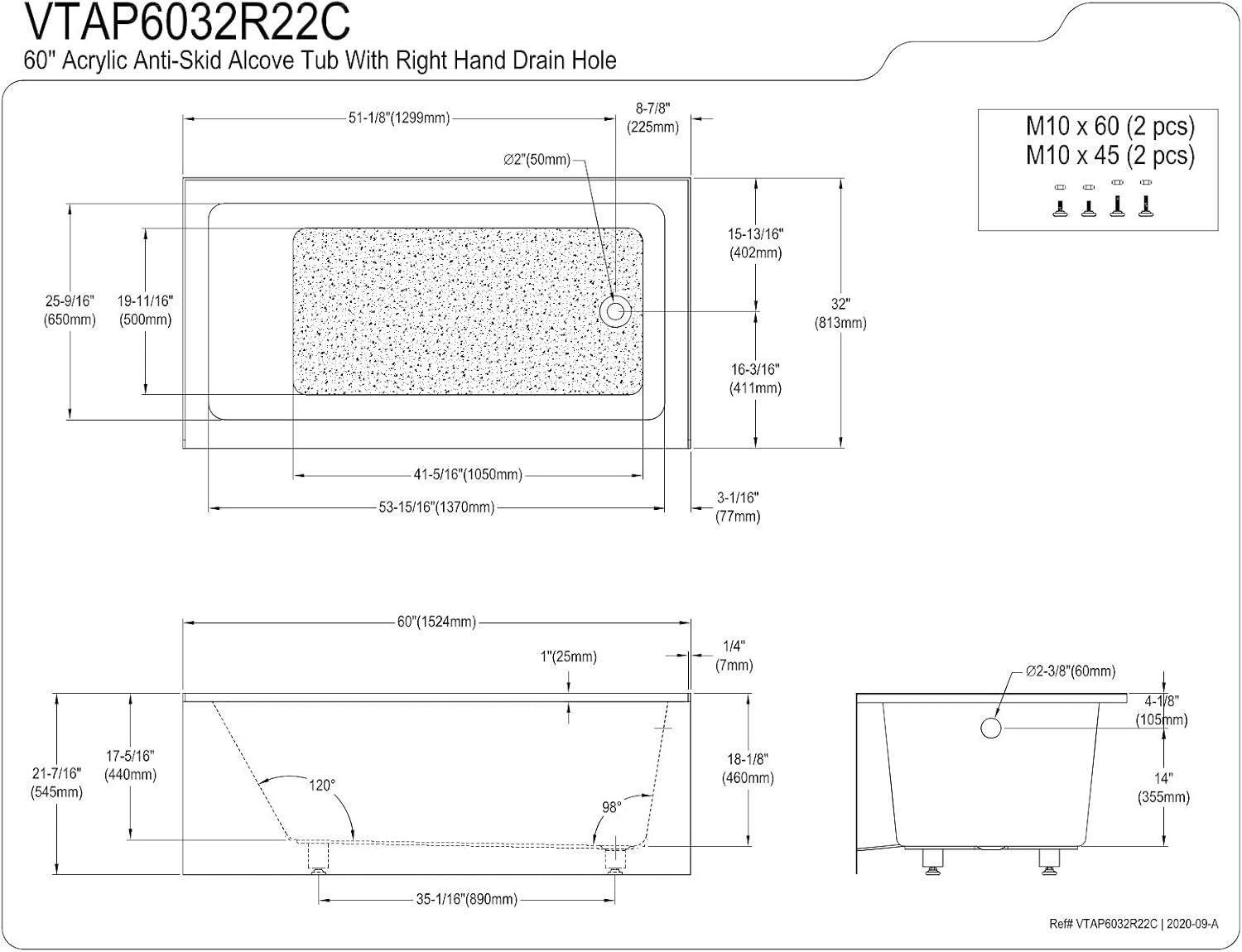 Kingston Brass Aqua Eden 60-Inch Acrylic Rectangular 3-Wall Alcove Tub with Anti-Skid Surface