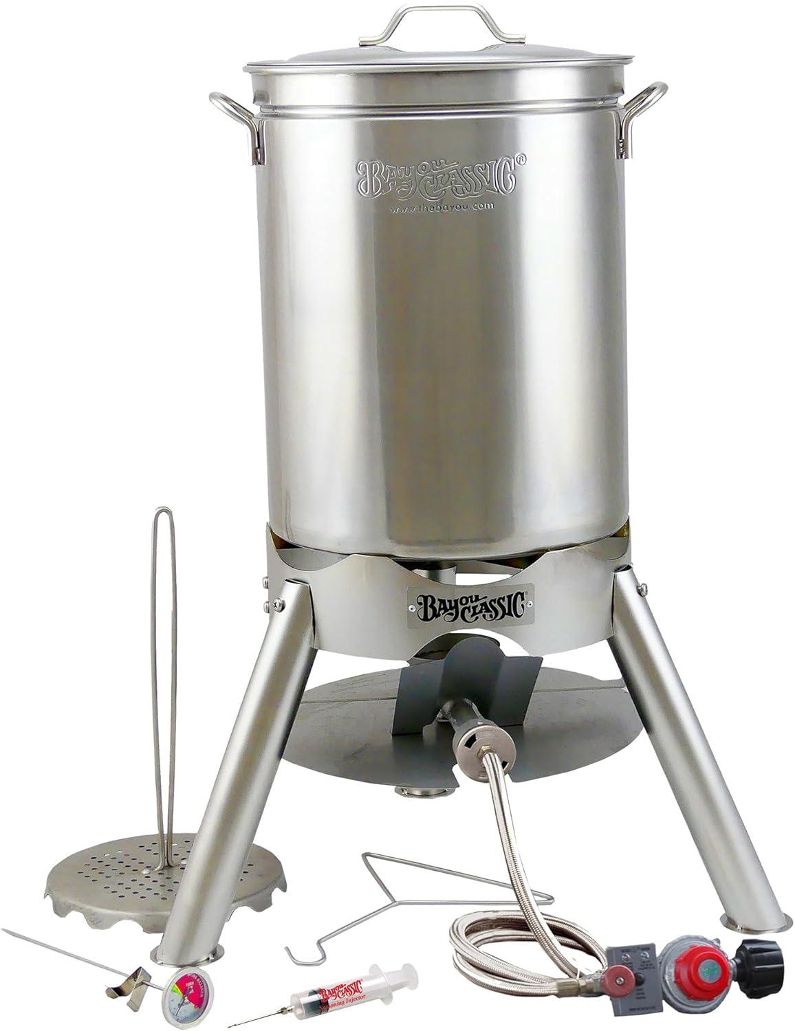 Bayou Classic 200-440 Turkey Fryer Kit, 58,000 Btu, Propane, Stainless Steel, Silver