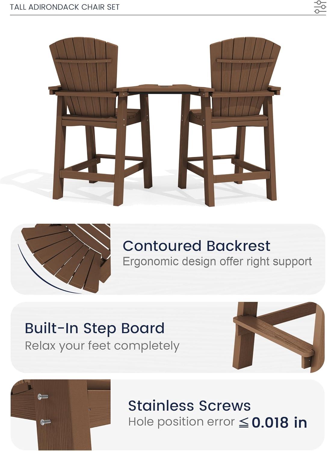 JUSTLET Tall Plastic Adirondack Chair Set of 2 W/ Outdoor Barstools and Connecting Tray, Brown