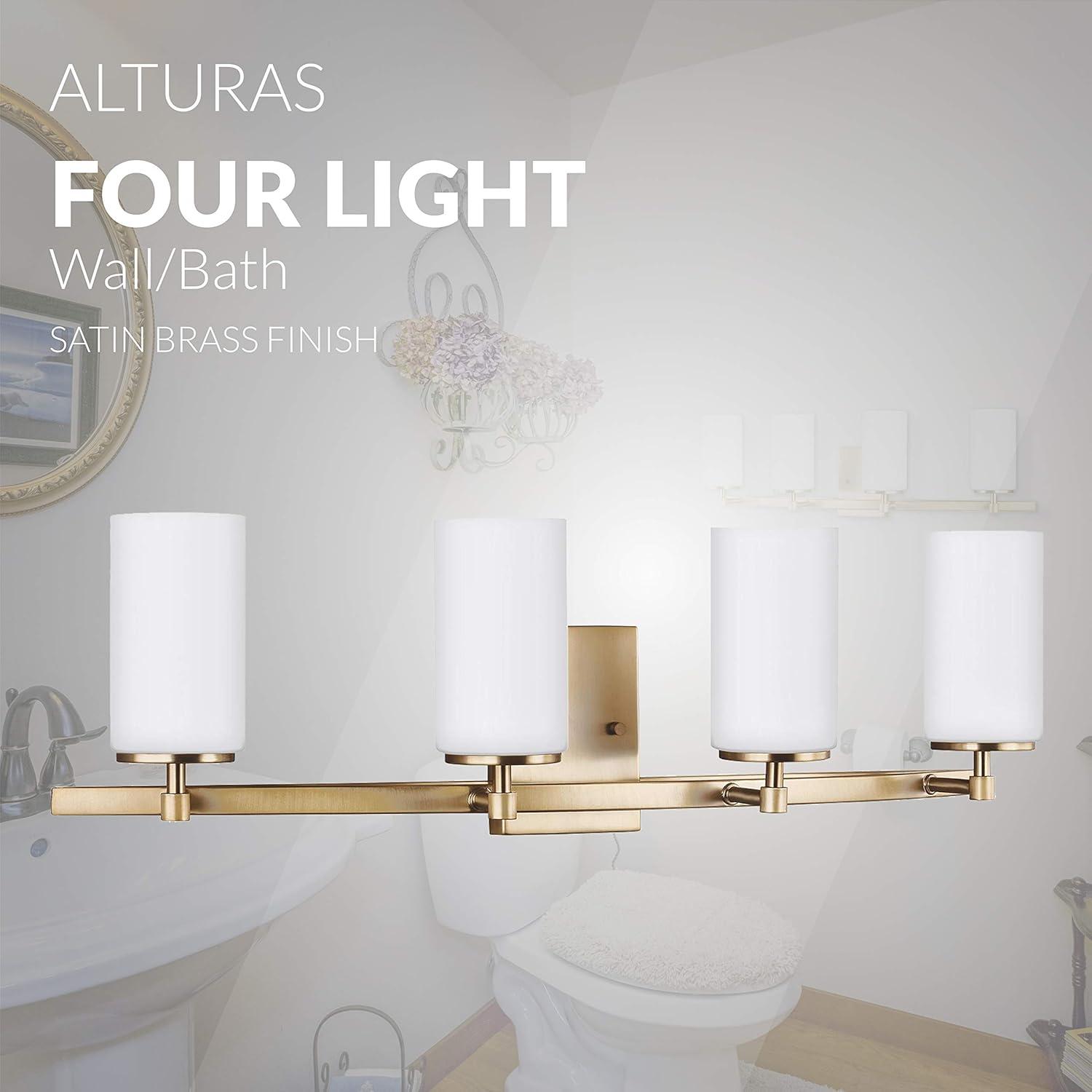 Alturas 30.5 in. 4-Light Satin Brass Modern Contemporary Wall Bathroom Vanity Light with Satin Etched Glass Shades