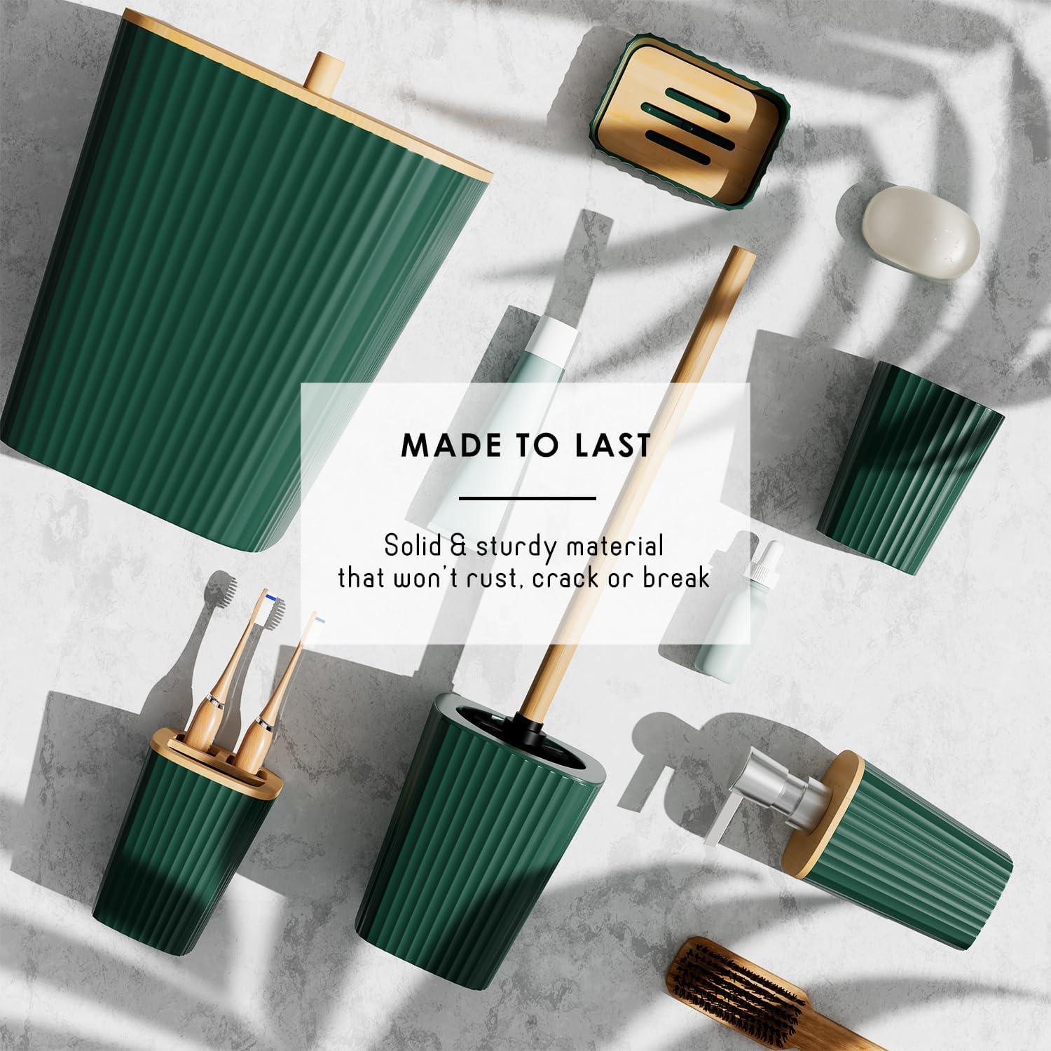 Clara Clark Bathroom Set - Hunter Green Bathroom Accessories Set, 6PC Bathroom Accessory Set, Bathroom Sets with Toilet Brush, Trash Can & Soap Dispenser