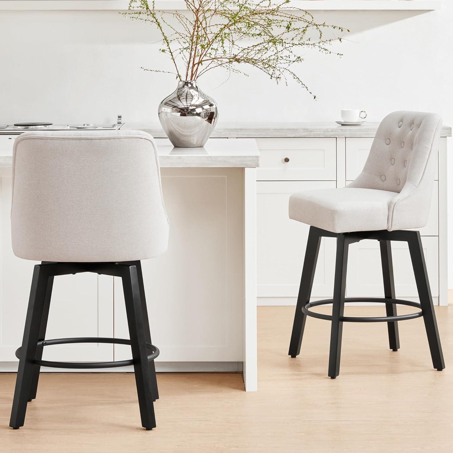 Beige Faux Leather Swivel Counter Height Barstools with Black Wood Legs, Set of 2