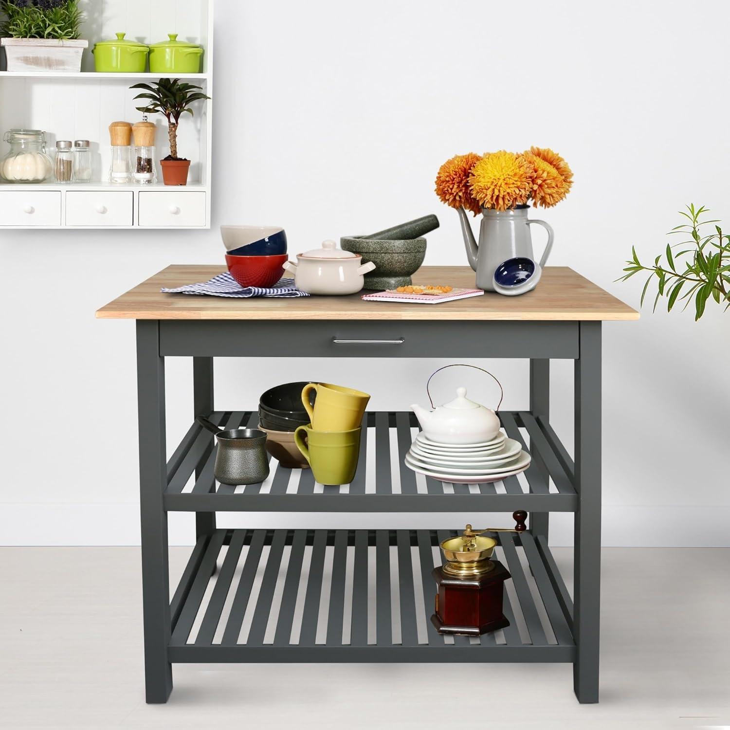 Casual Home Kitchen Island Bar Station with Hardwood Counter Top - Slate Gray