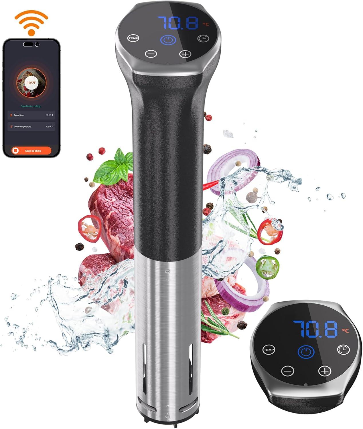 Sous Vide Machine, 1100W Upgraded WIFI Sous Vide Cooker Ultra-quiet Working Cooker Immersion Circulator with Recipes(App Included), Accurate Temperature, Digital Timer, IPX7 Waterproof