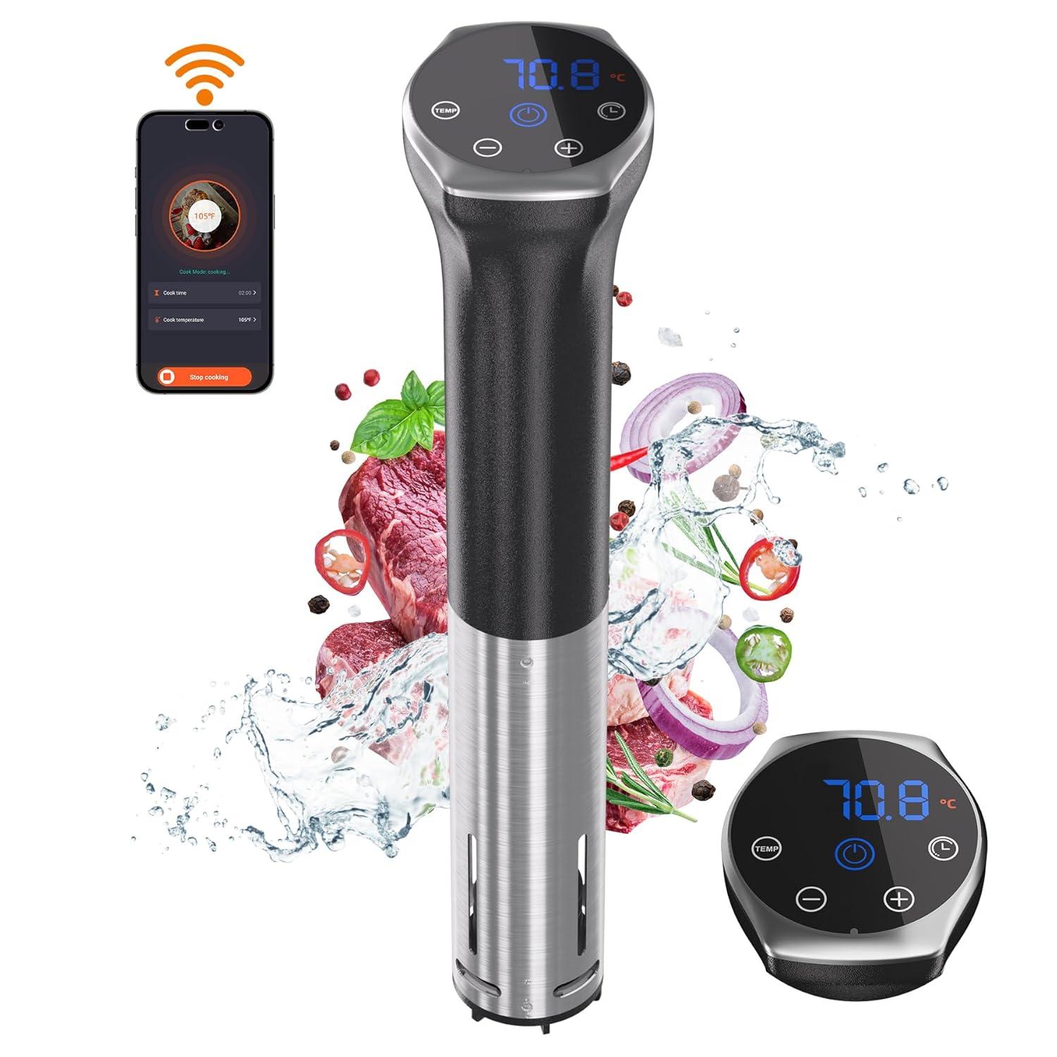 Sous Vide Machine, 1100W Upgraded WIFI Sous Vide Cooker Ultra-quiet Working Cooker Immersion Circulator with Recipes(App Included), Accurate Temperature, Digital Timer, IPX7 Waterproof
