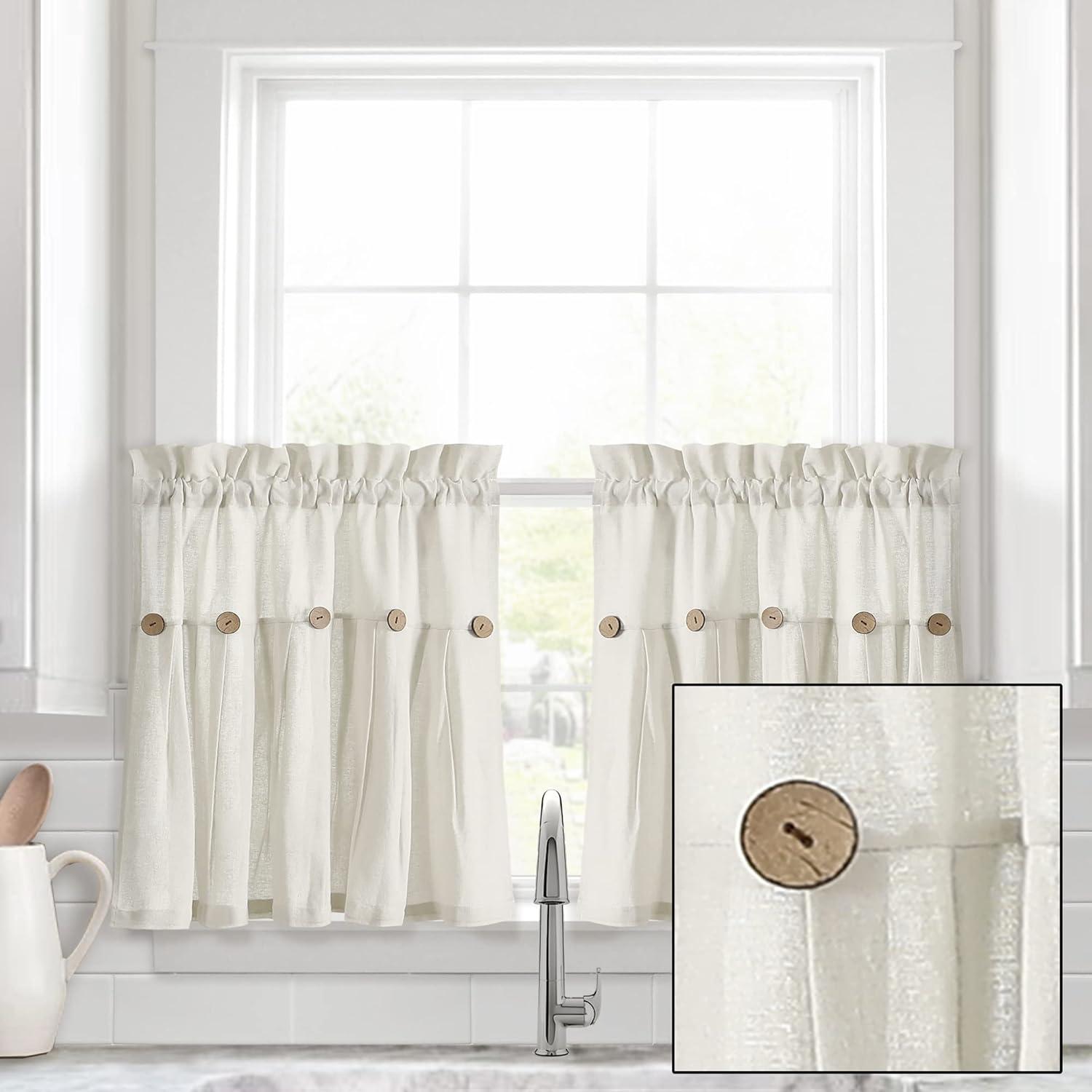 Lush Decor Linen Button Cotton Blend Tailored 29'' W Cafe Curtain (Set of 2)