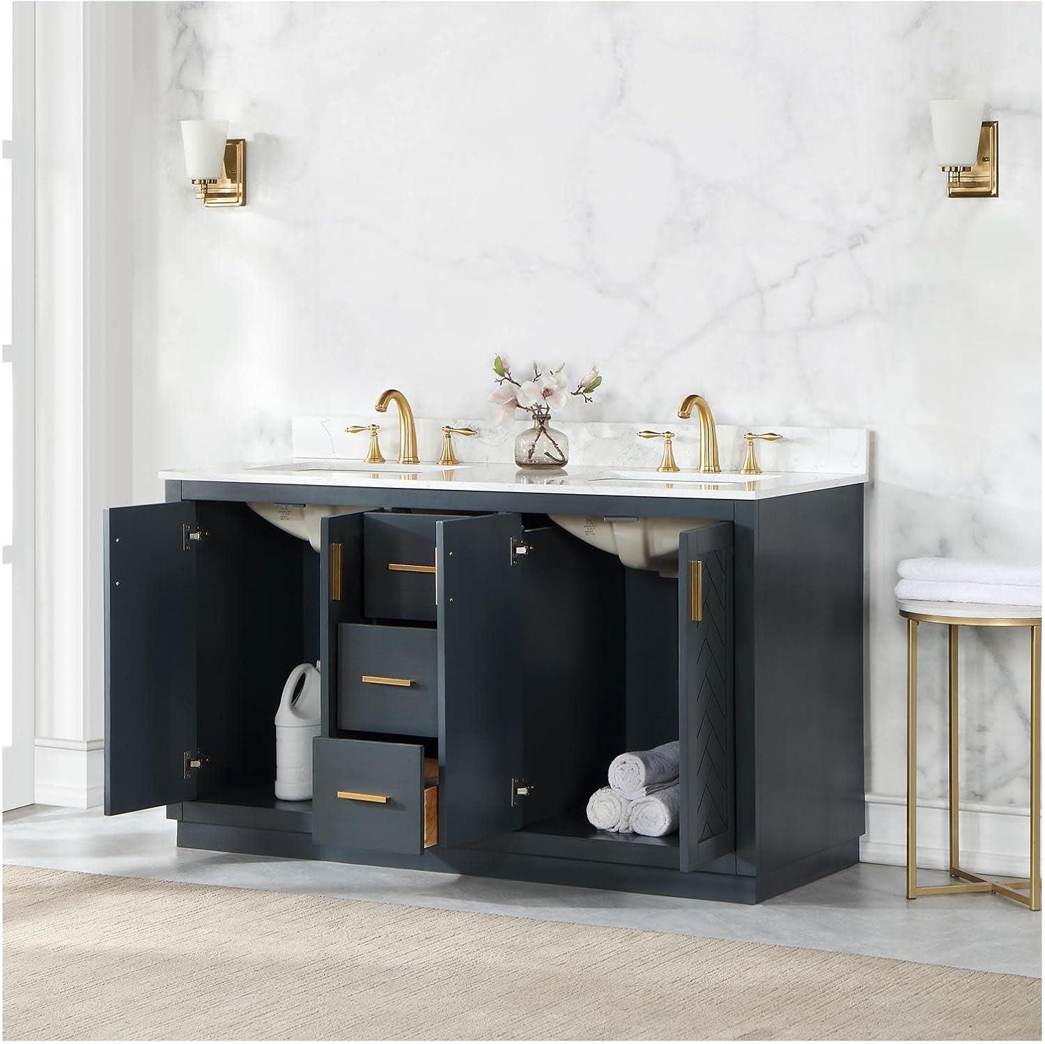 Gazsi 60" Double Bathroom Vanity Set in Charcoal Blue with Grain White Composite Stone Countertop without Mirror